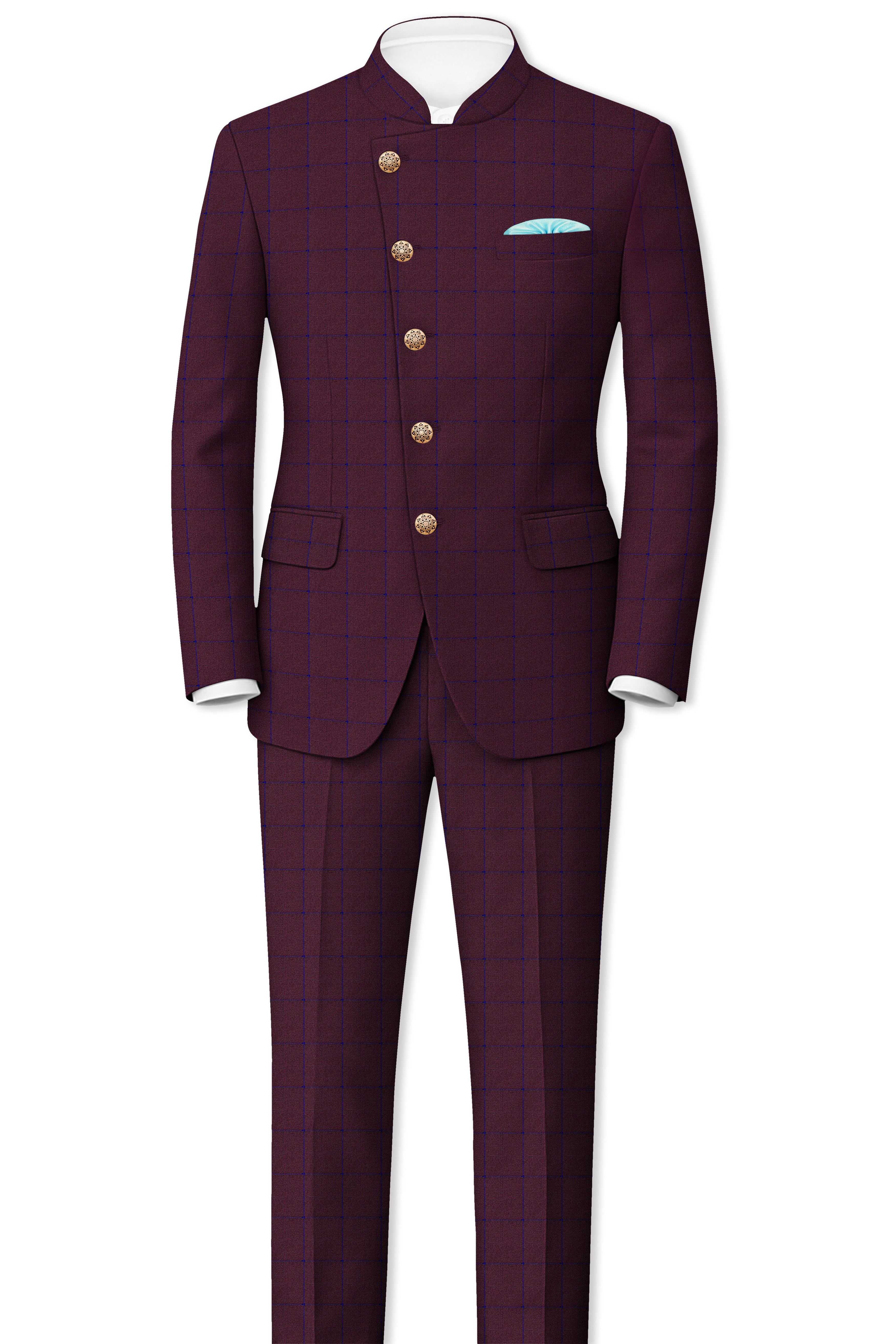 Wine Berry With Haiti Blue Windowpane Cross Placket Bandhgala Suit
