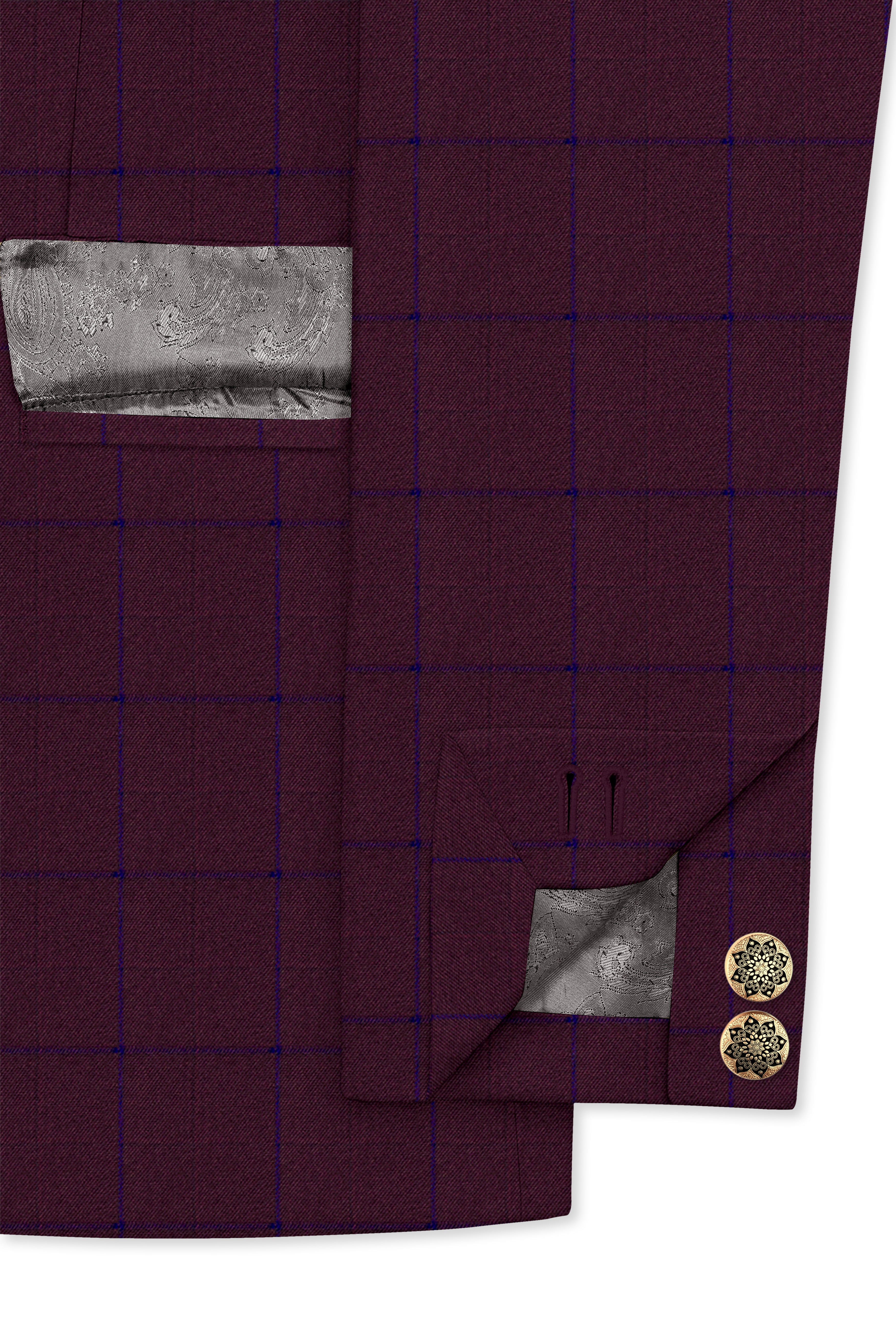 Wine Berry With Haiti Blue Windowpane Cross Placket Bandhgala Suit