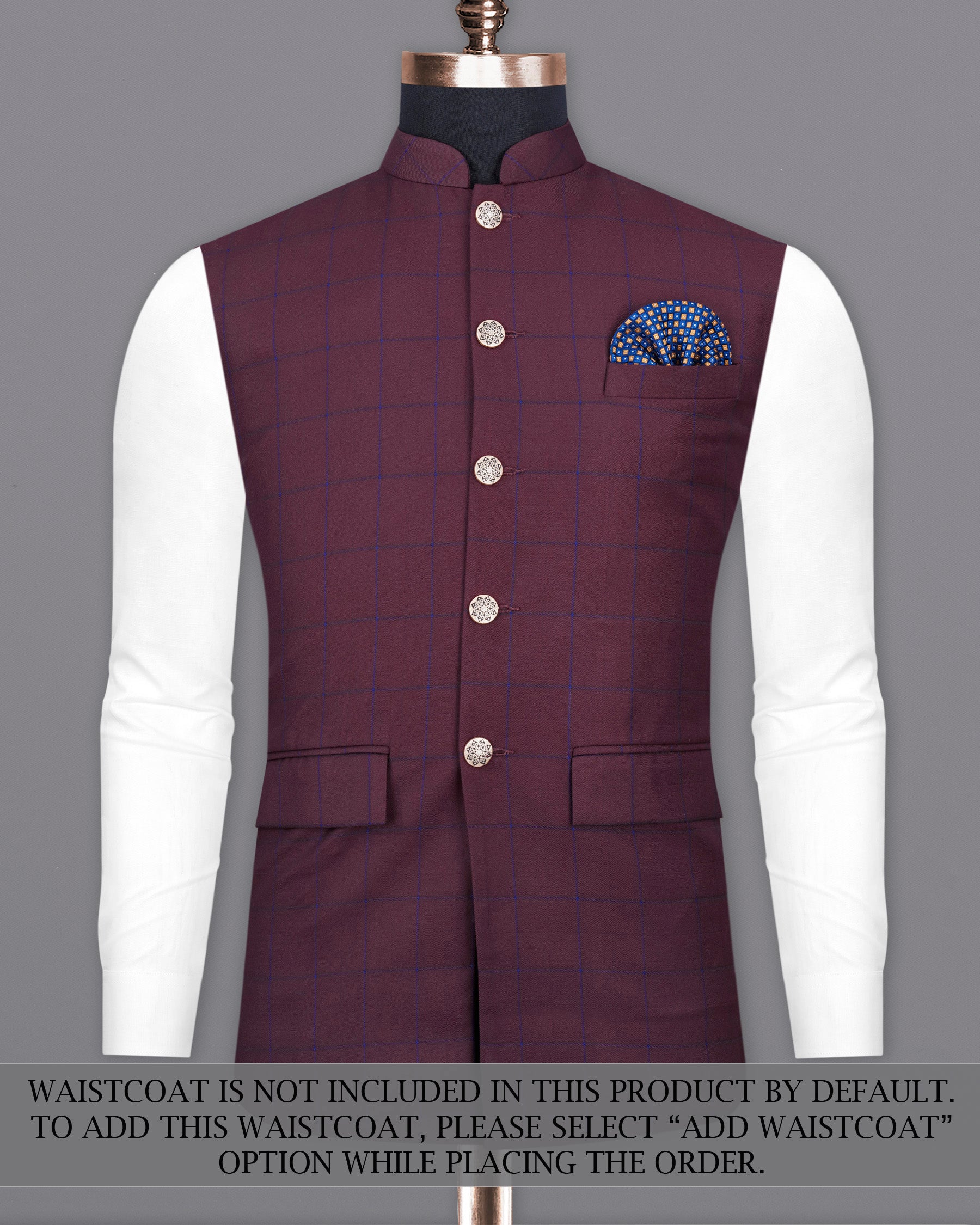 Wine Berry With Haiti Blue Windowpane Cross Placket Bandhgala Suit