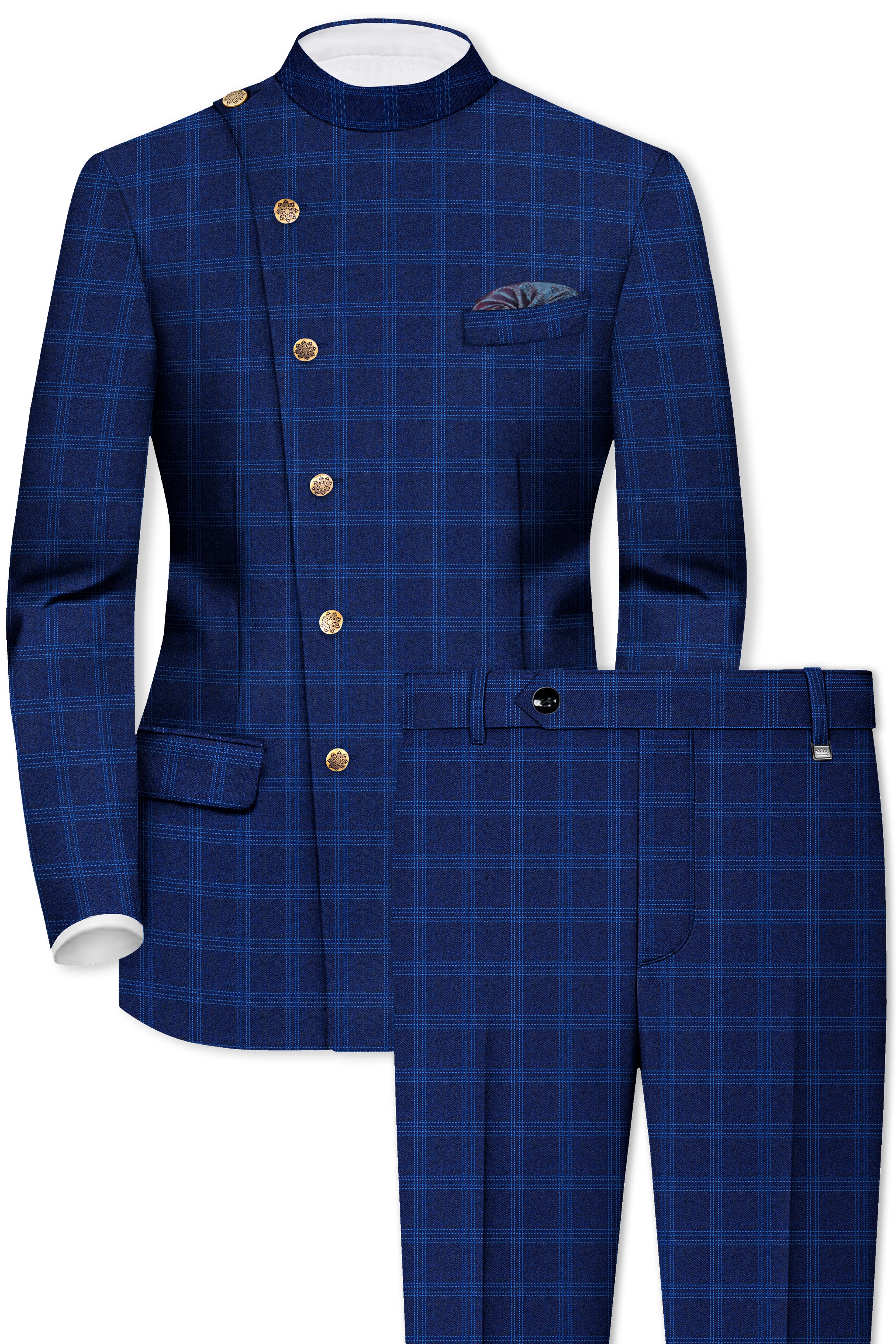 Baltic Sea Blue Windowpane Cross Placket Bandhgala Suit