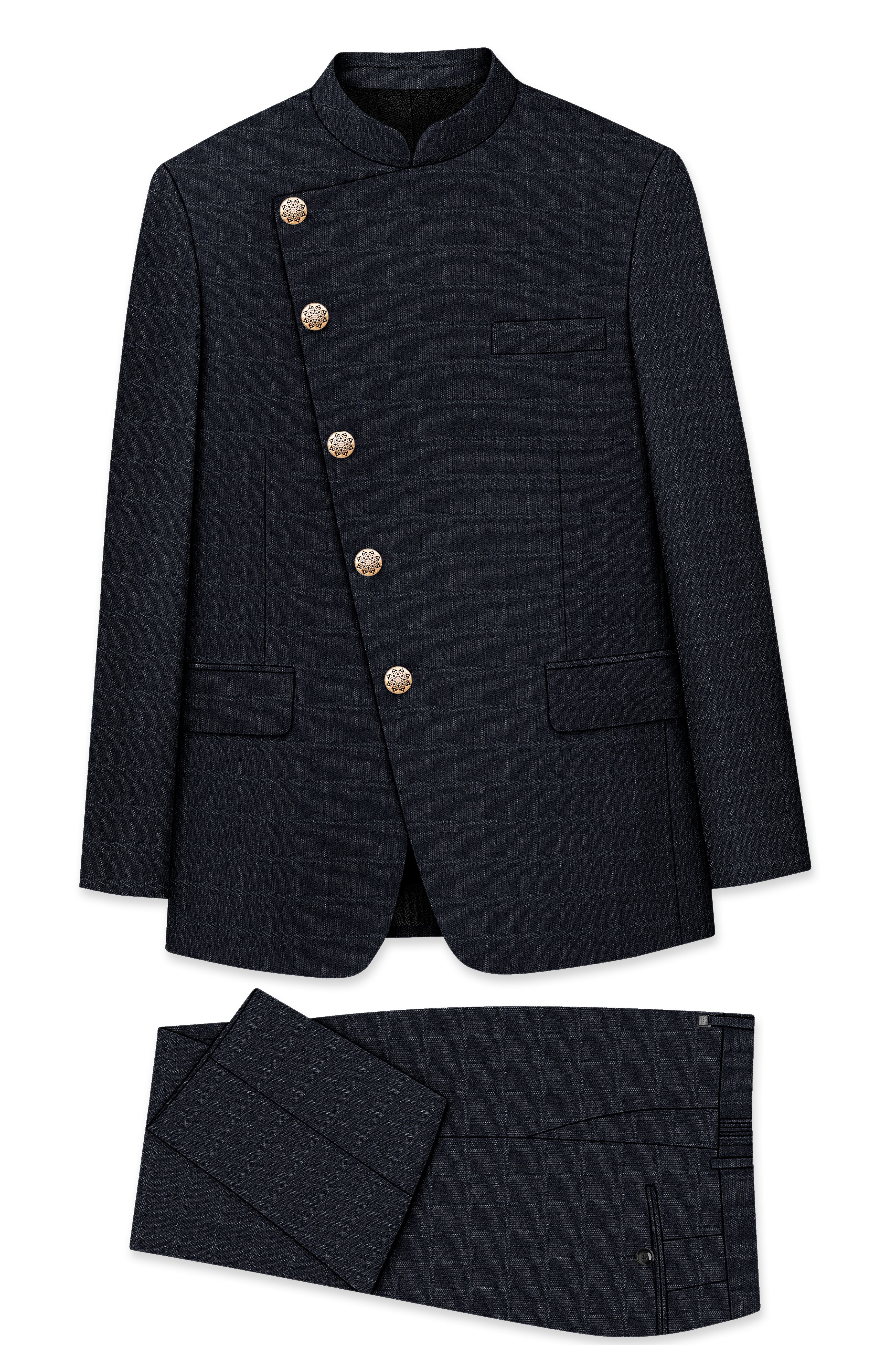 Bastille Light Black Windowpane Cross Placket Bandhgala Suit