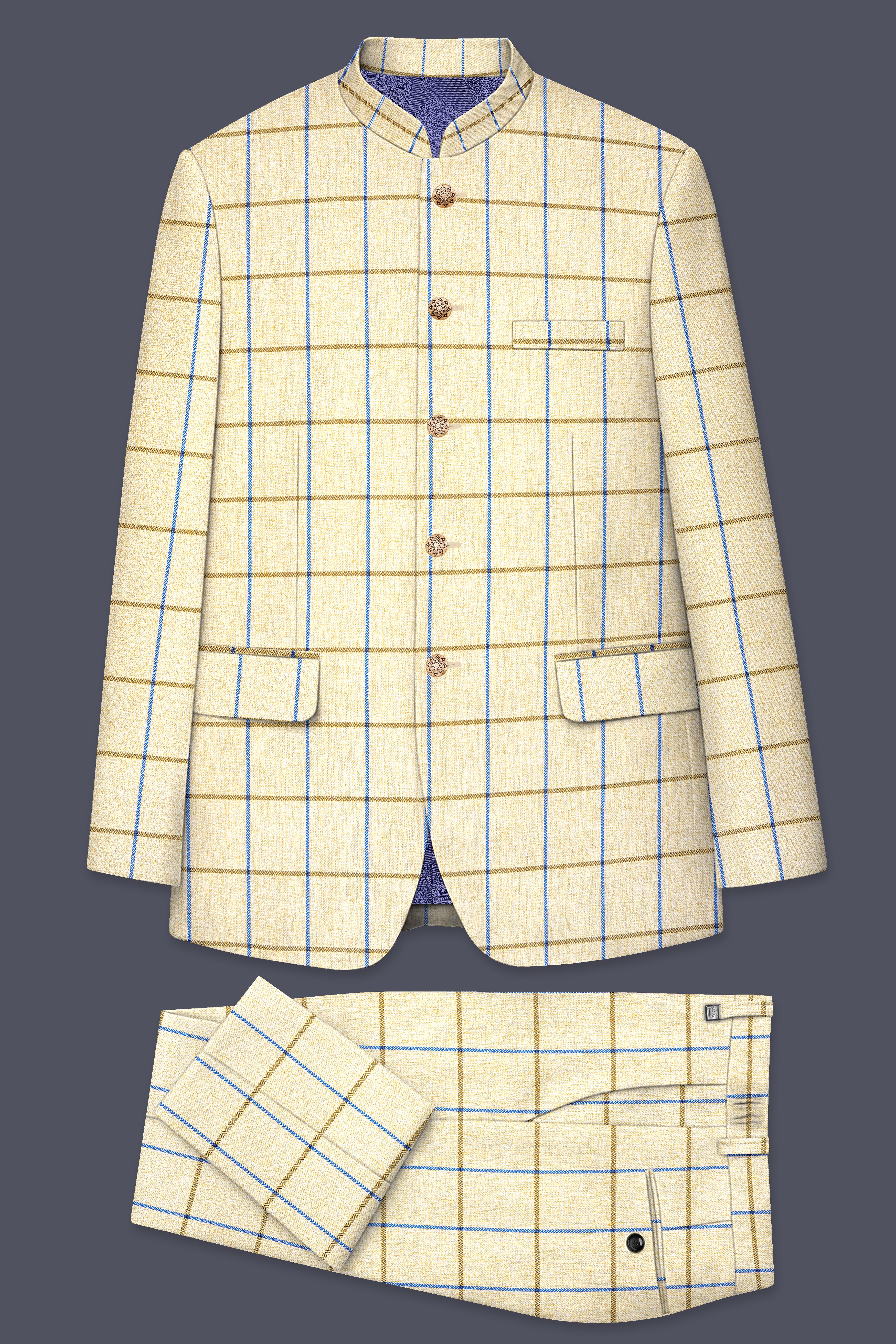 Mushroom Light Brown Checkered Bandhgala Suit