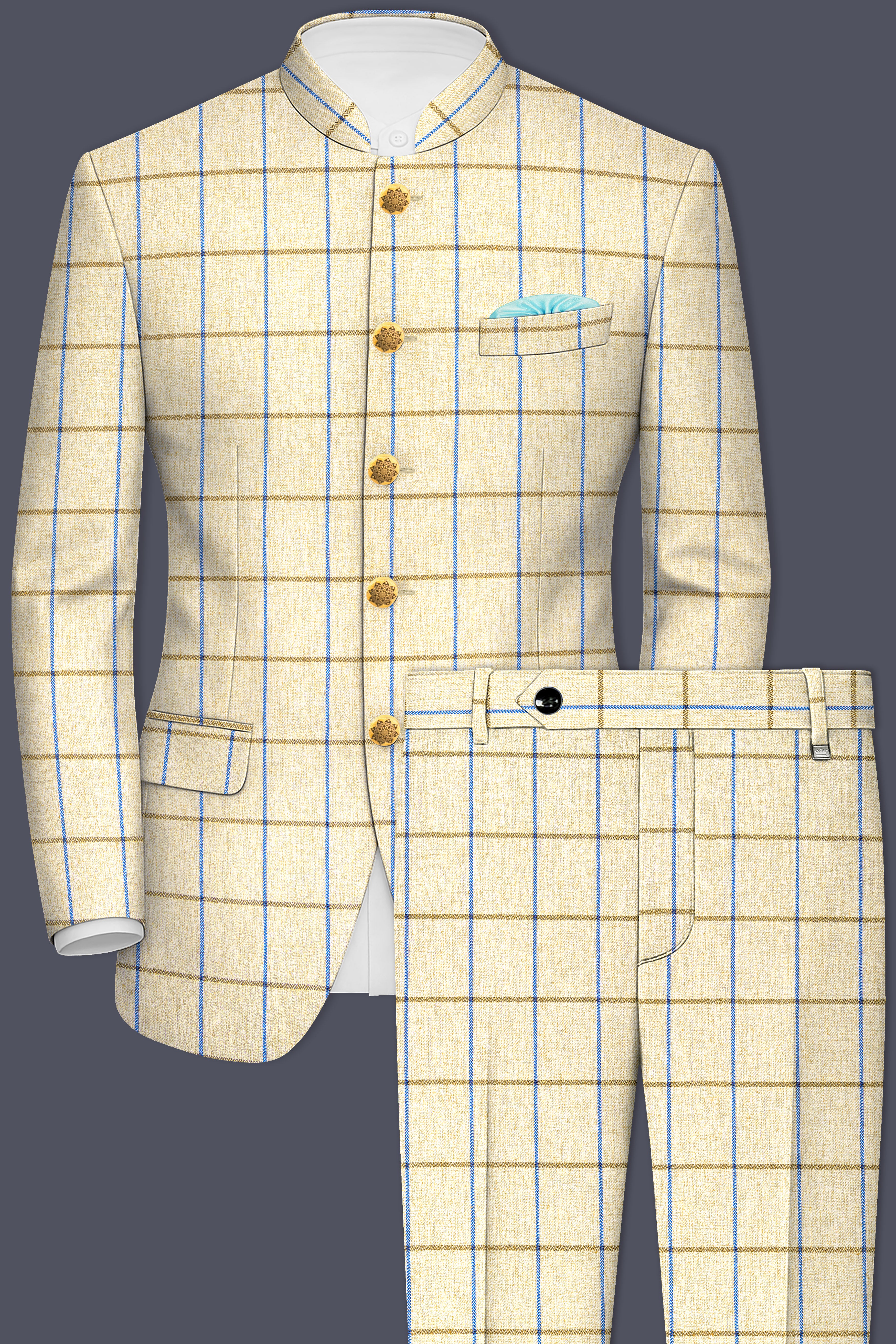 Mushroom Light Brown Checkered Bandhgala Suit