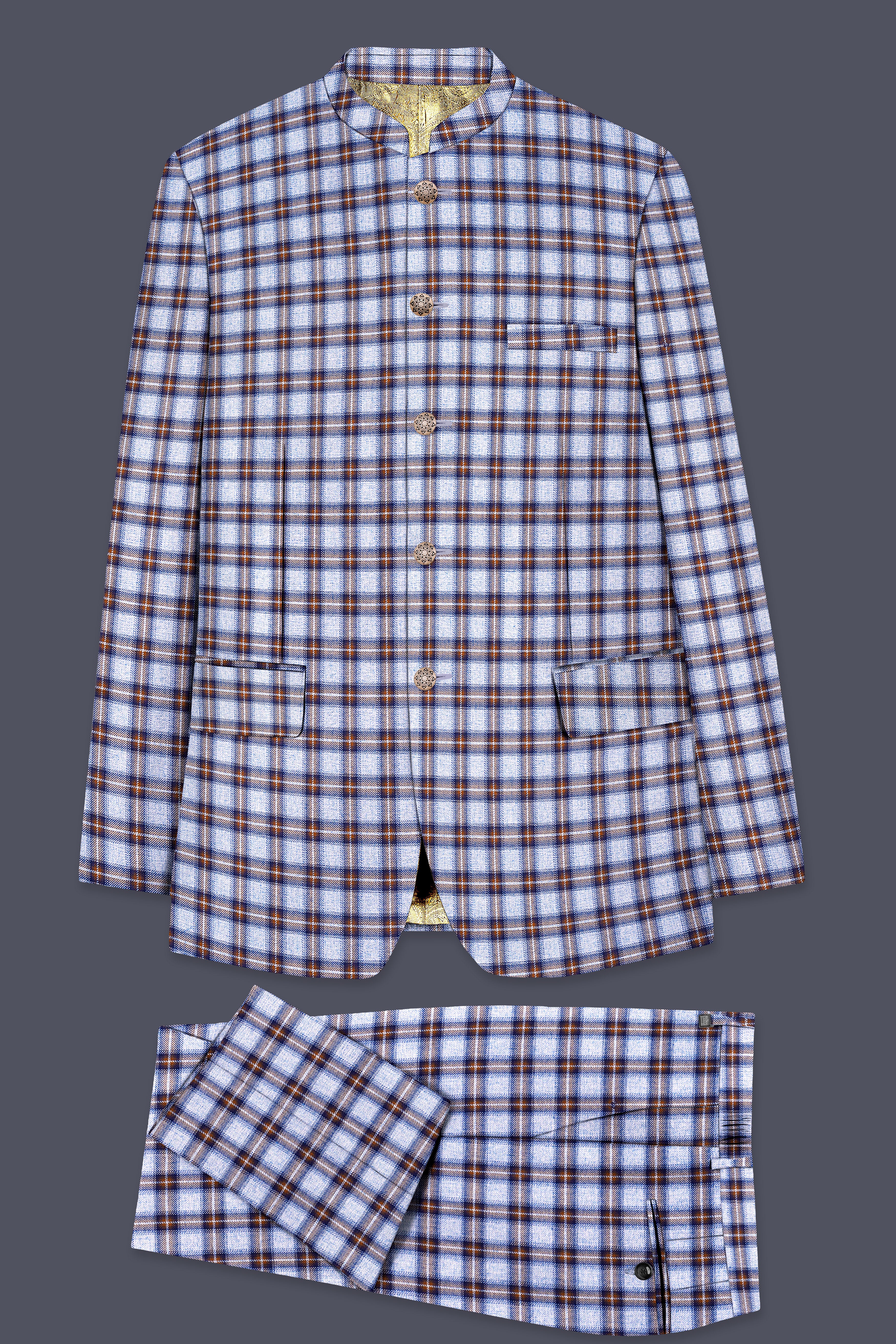 Chateau Blue with Cocoa Brown Plaid Bandhgala Suit