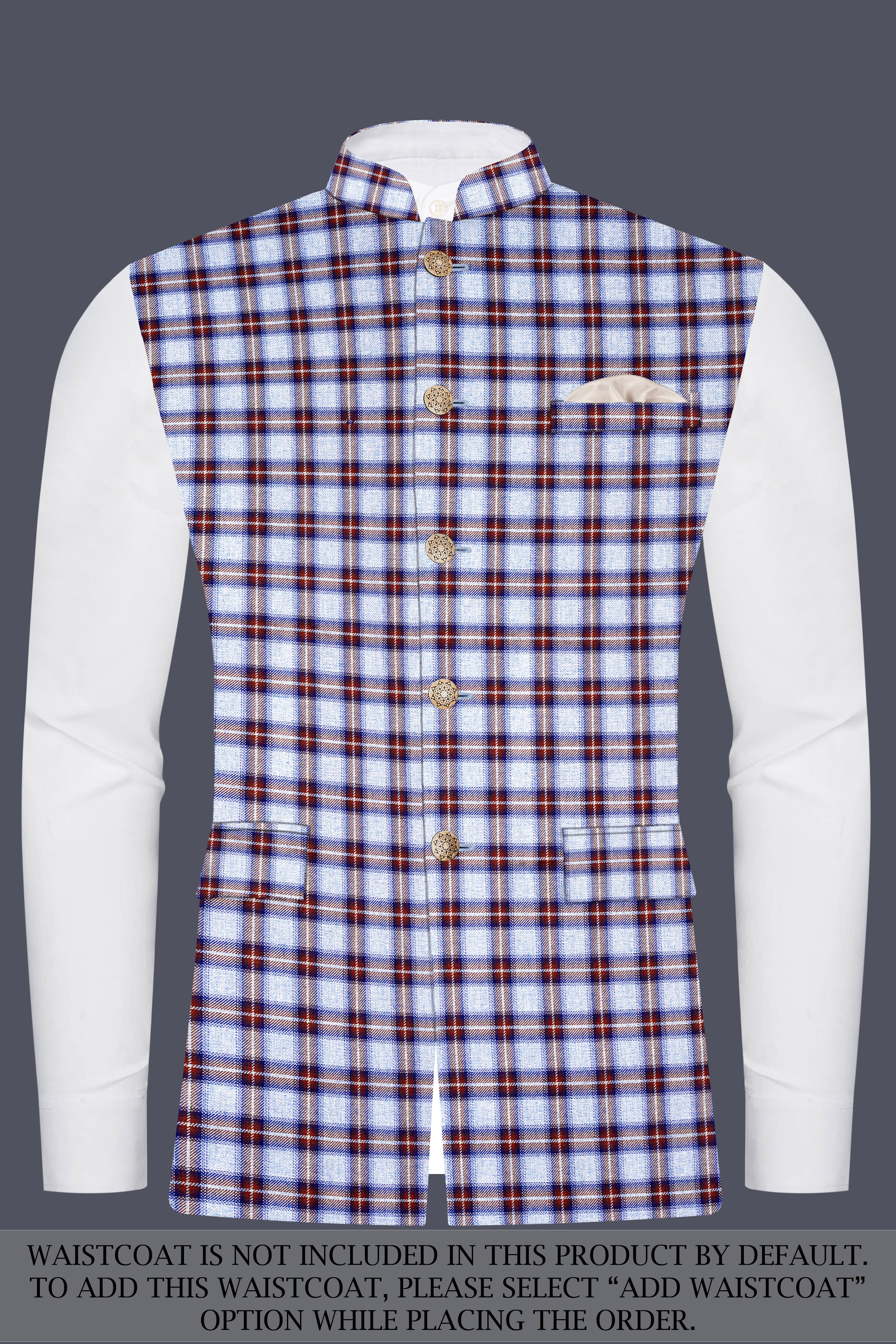 Chateau Blue with Cocoa Brown Plaid Bandhgala Suit