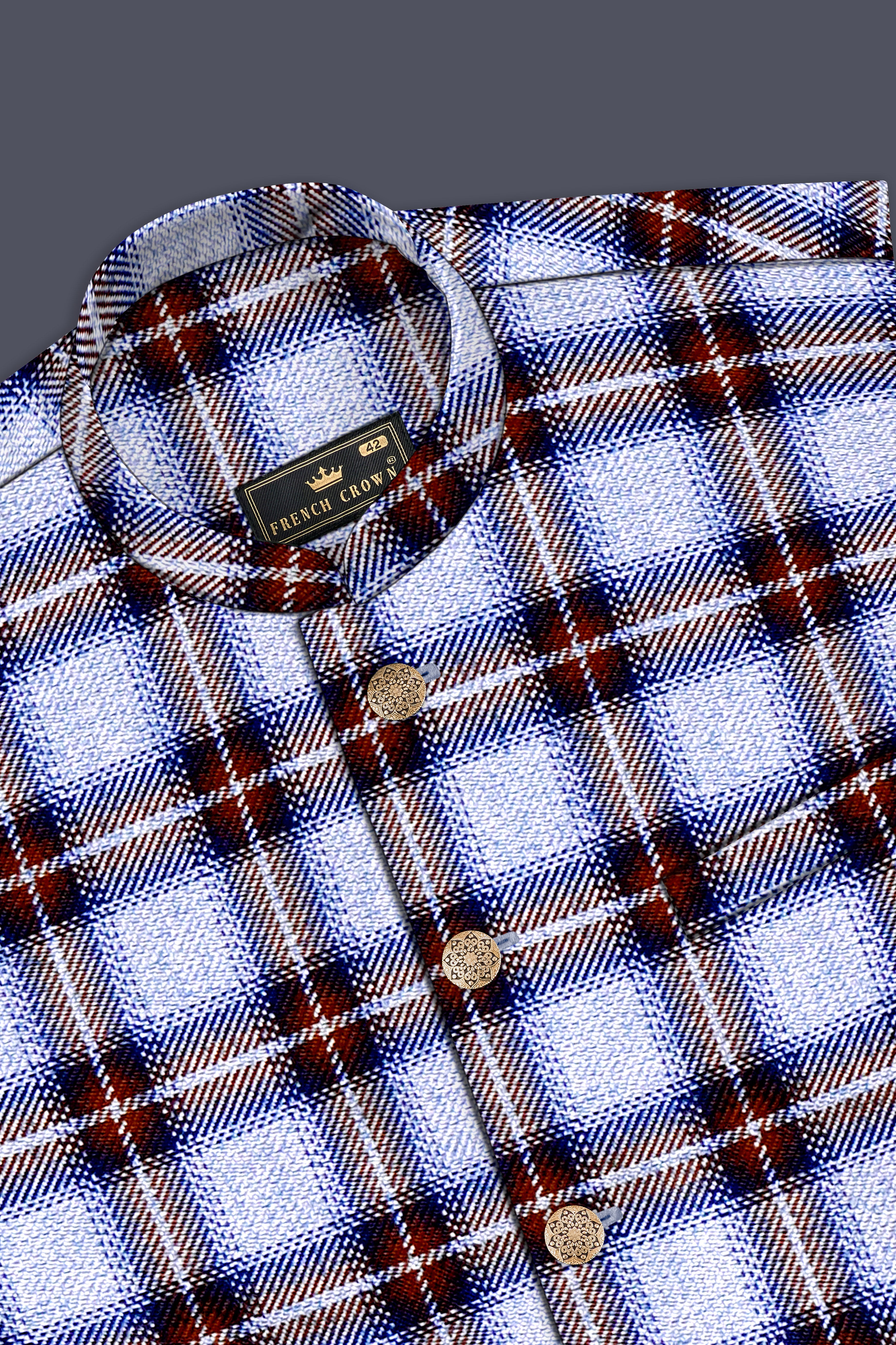 Chateau Blue with Cocoa Brown Plaid Bandhgala Suit