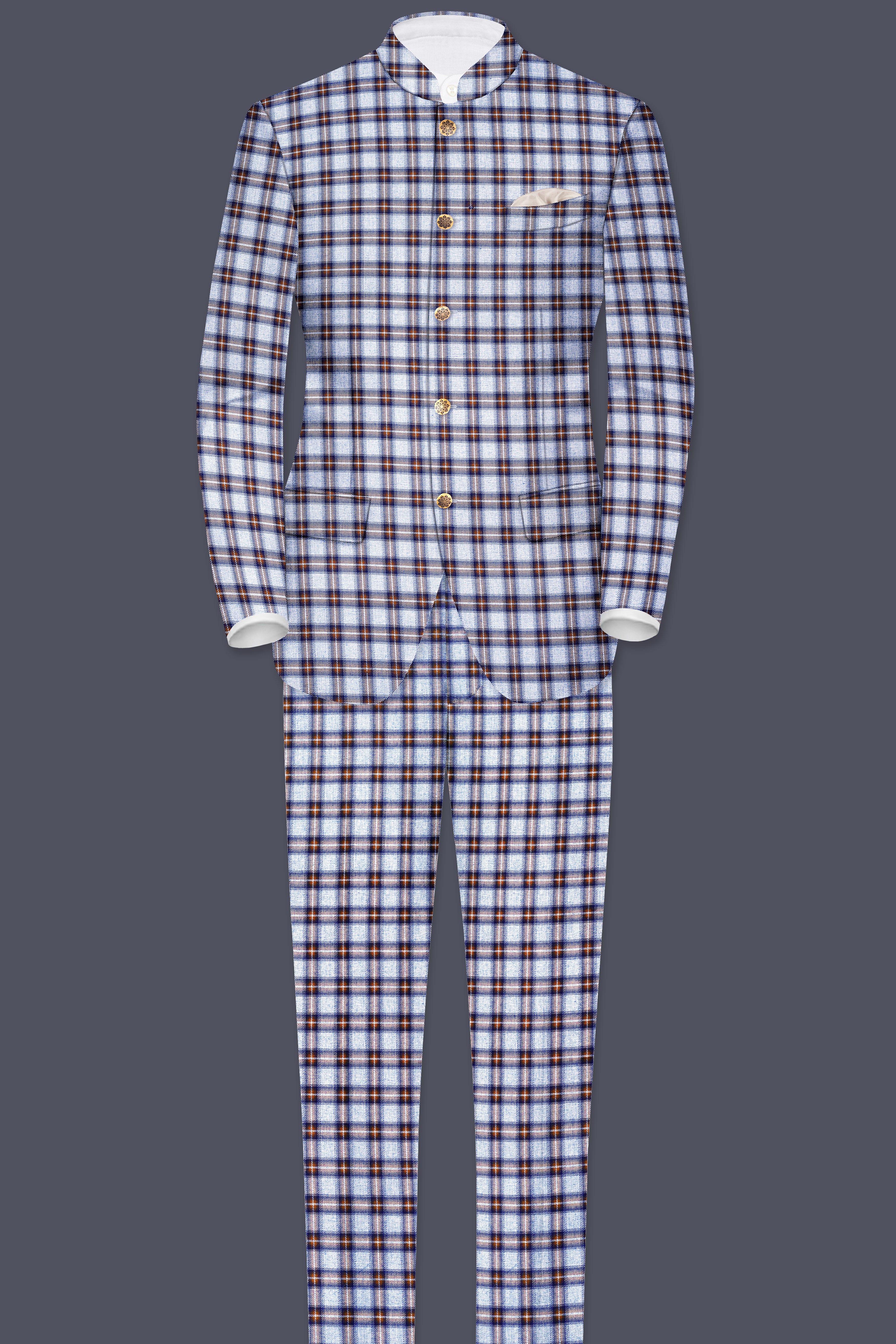 Chateau Blue with Cocoa Brown Plaid Bandhgala Suit