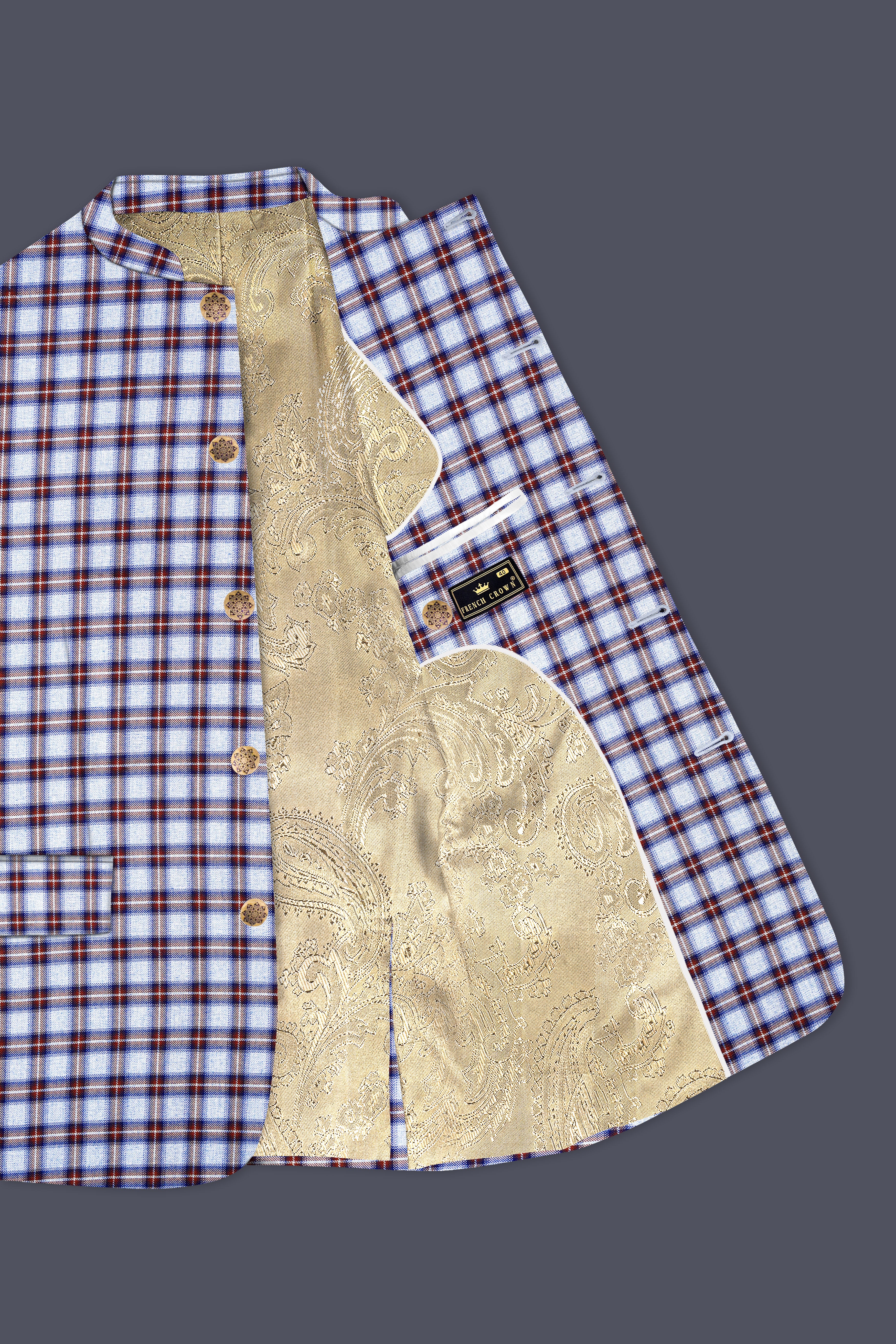 Chateau Blue with Cocoa Brown Plaid Bandhgala Suit