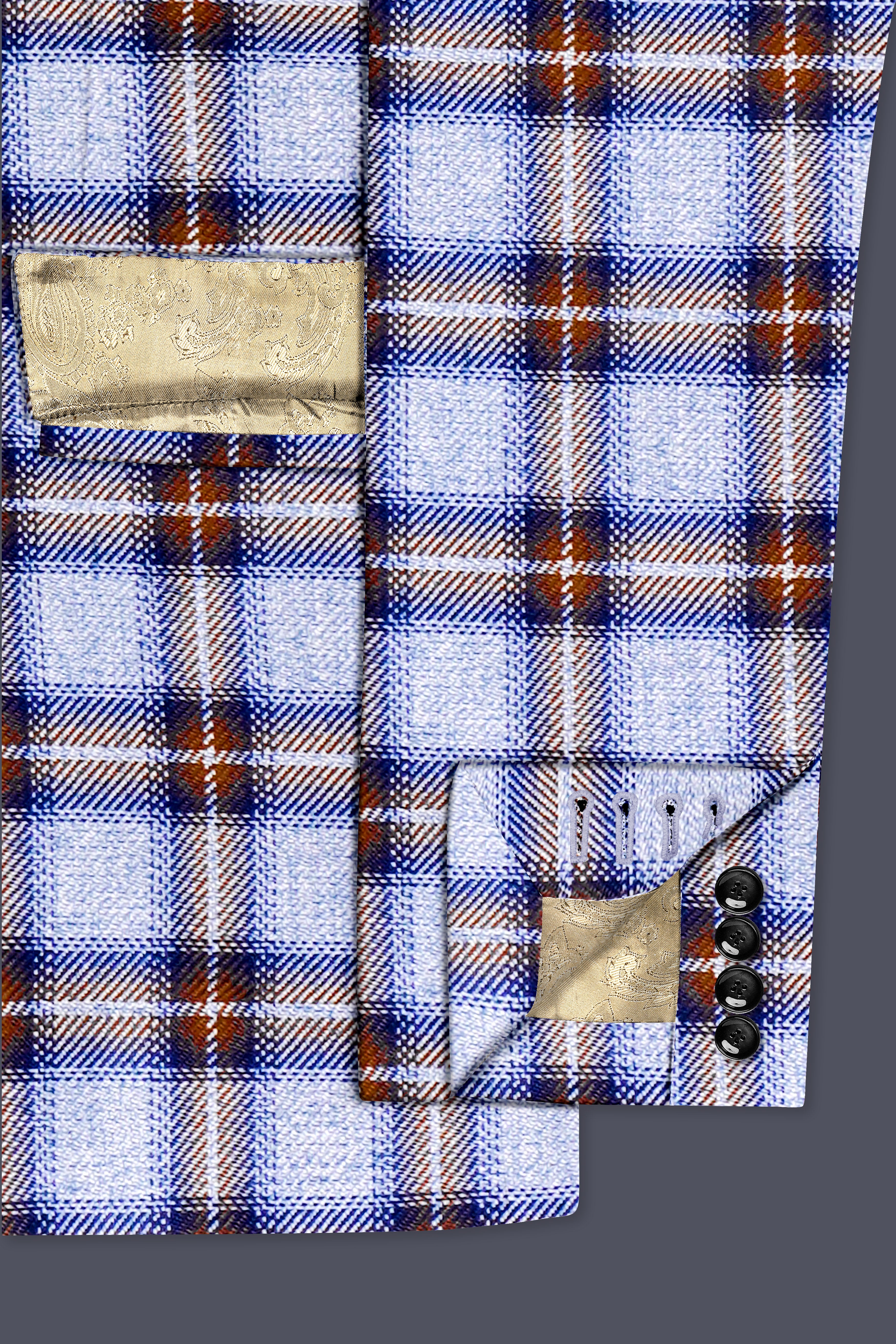 Chateau Blue with Cocoa Brown Plaid Bandhgala Suit