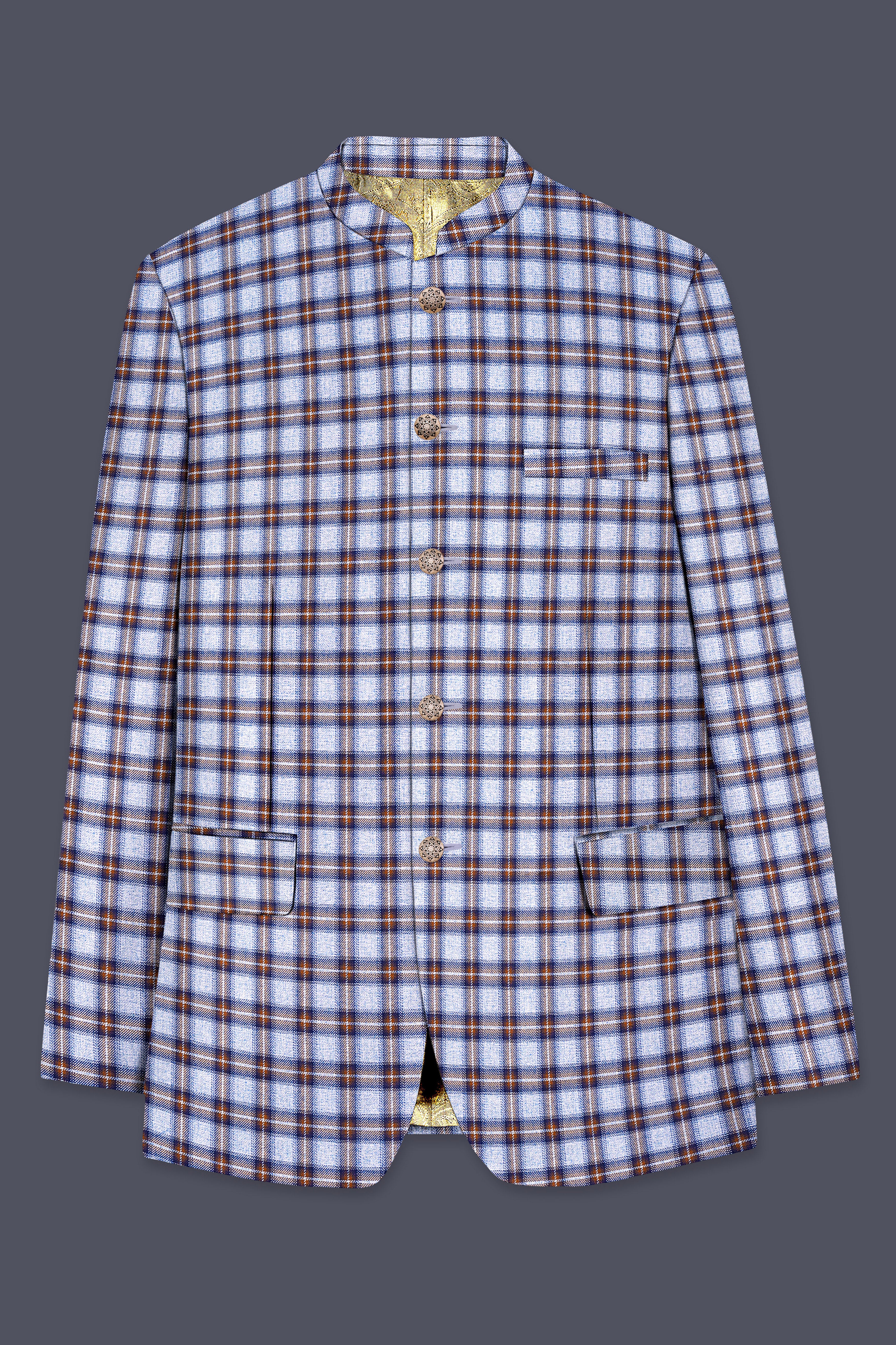 Chateau Blue with Cocoa Brown Plaid Bandhgala Suit