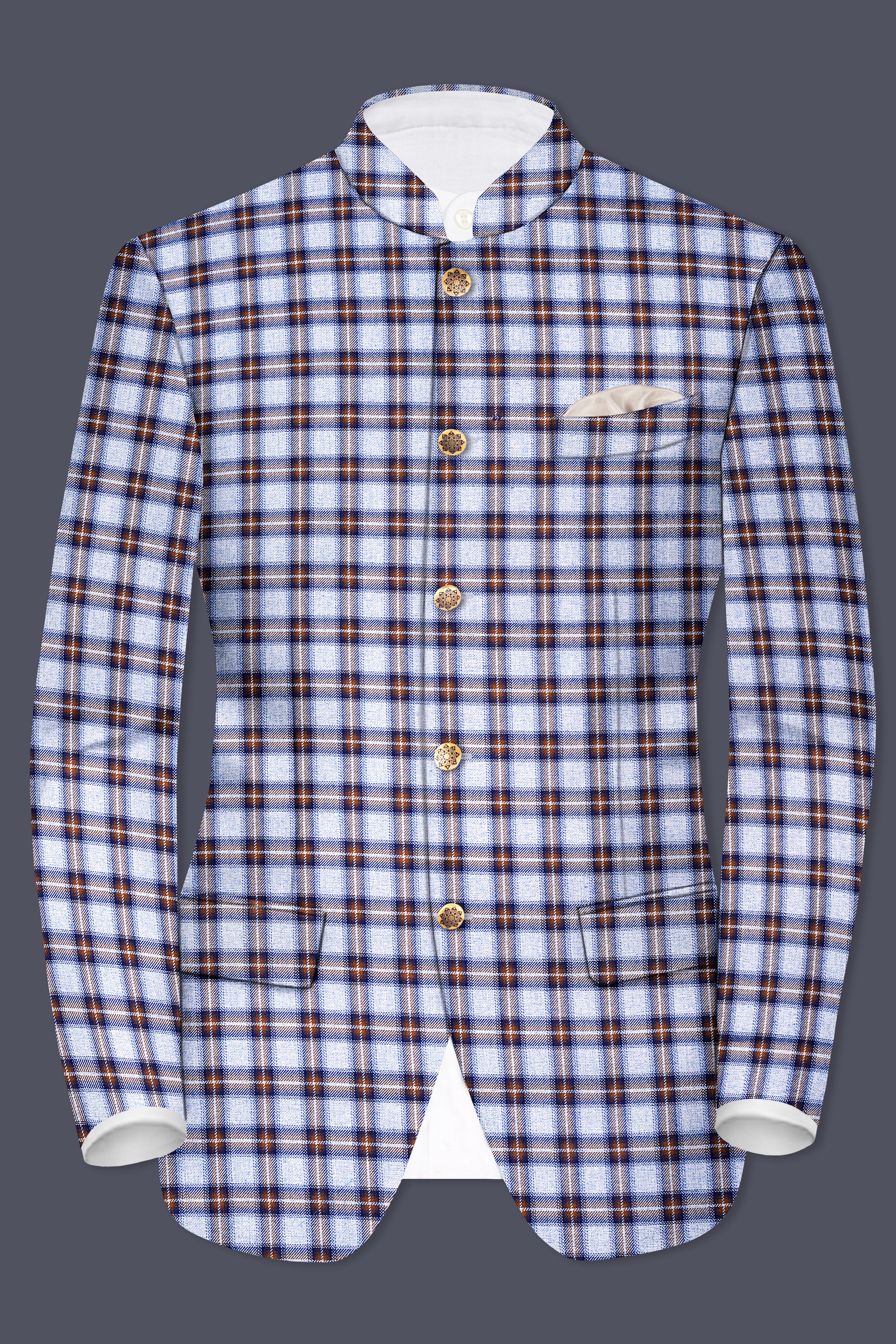 Chateau Blue with Cocoa Brown Plaid Bandhgala Suit