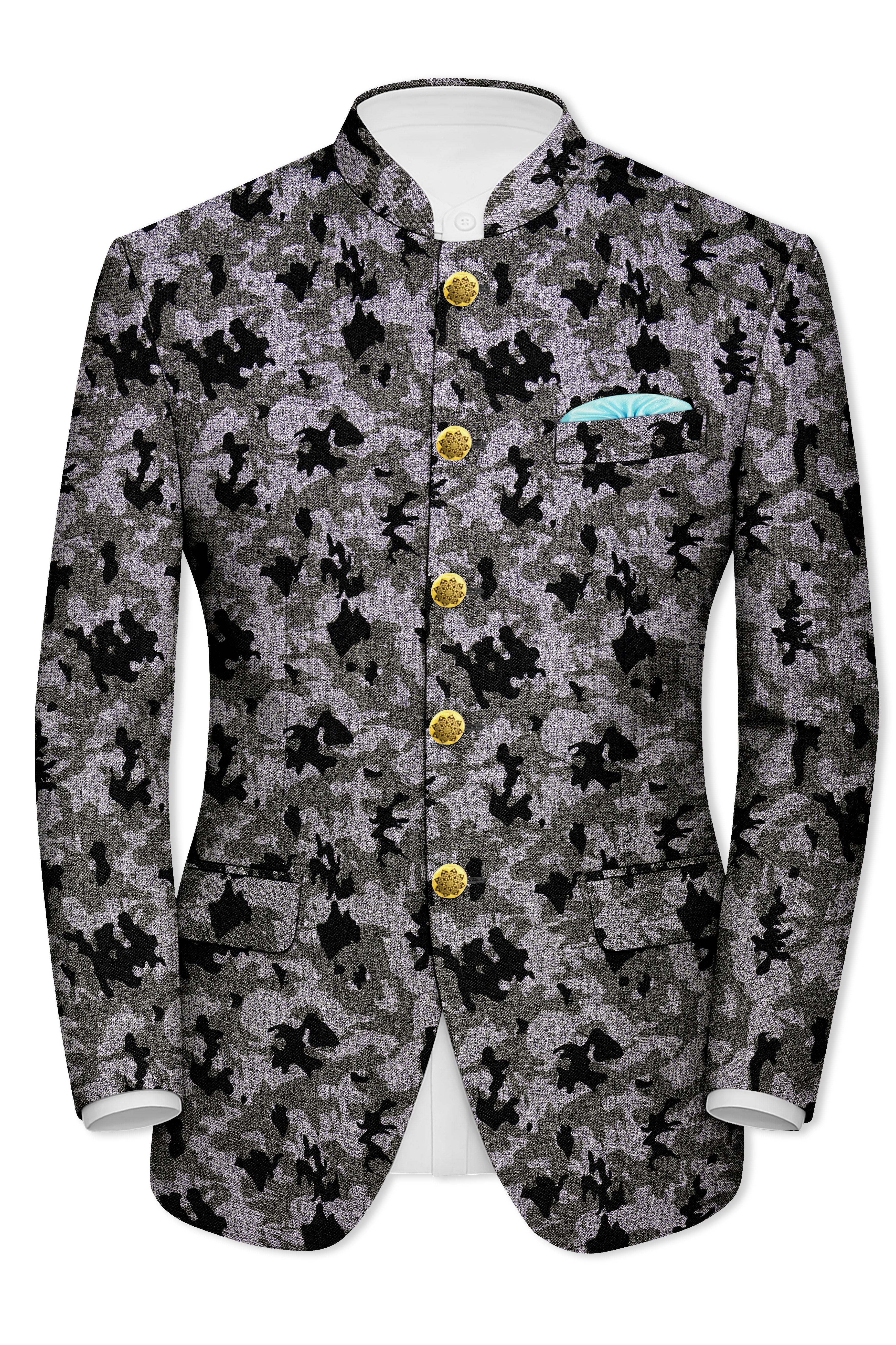 Merlin Green with Scorpion Gray Chintz Printed Bandhgala Designer Suit