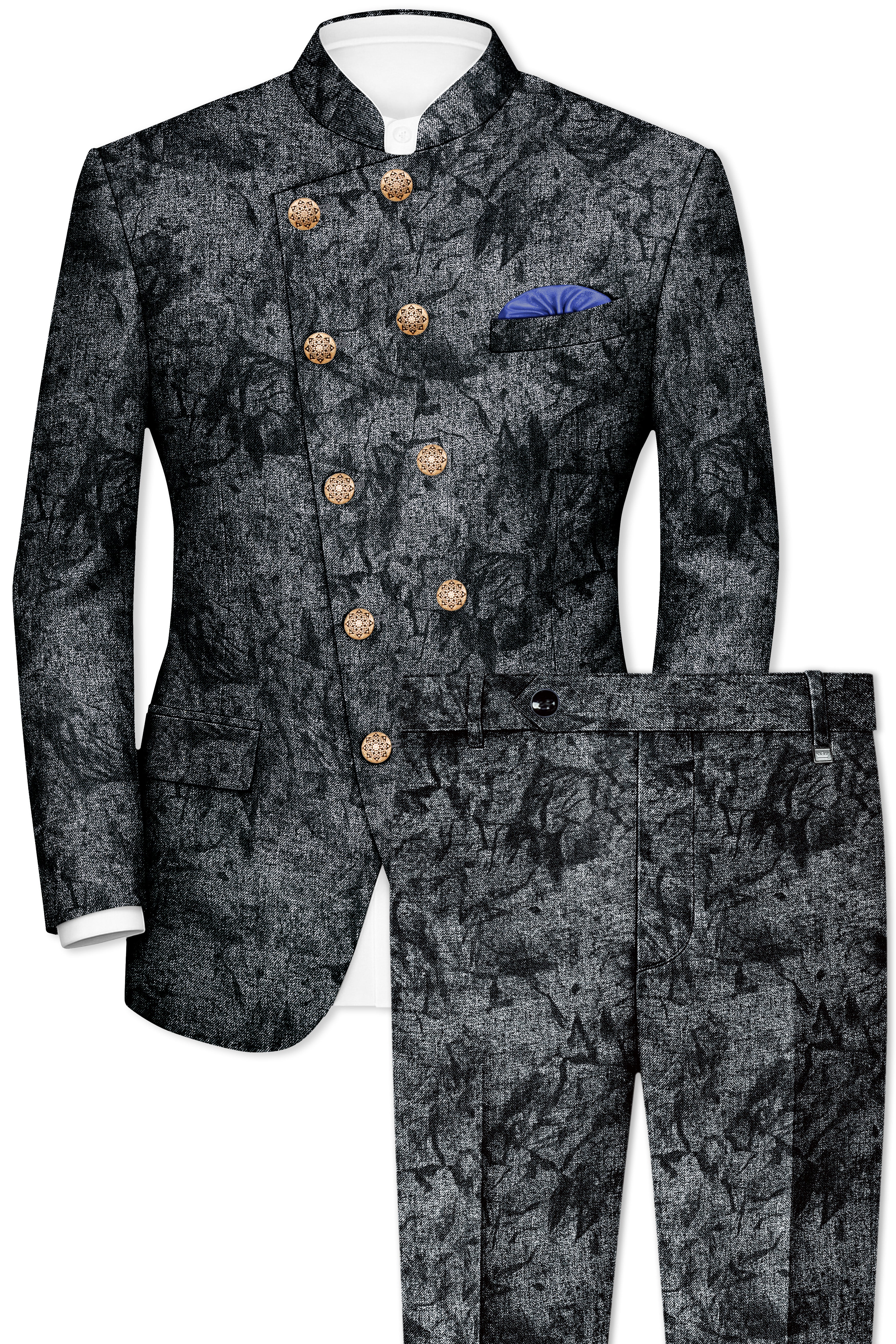 Dawn Gray and Onyx Black textured Cross Placket Bandhgala Designer Suit