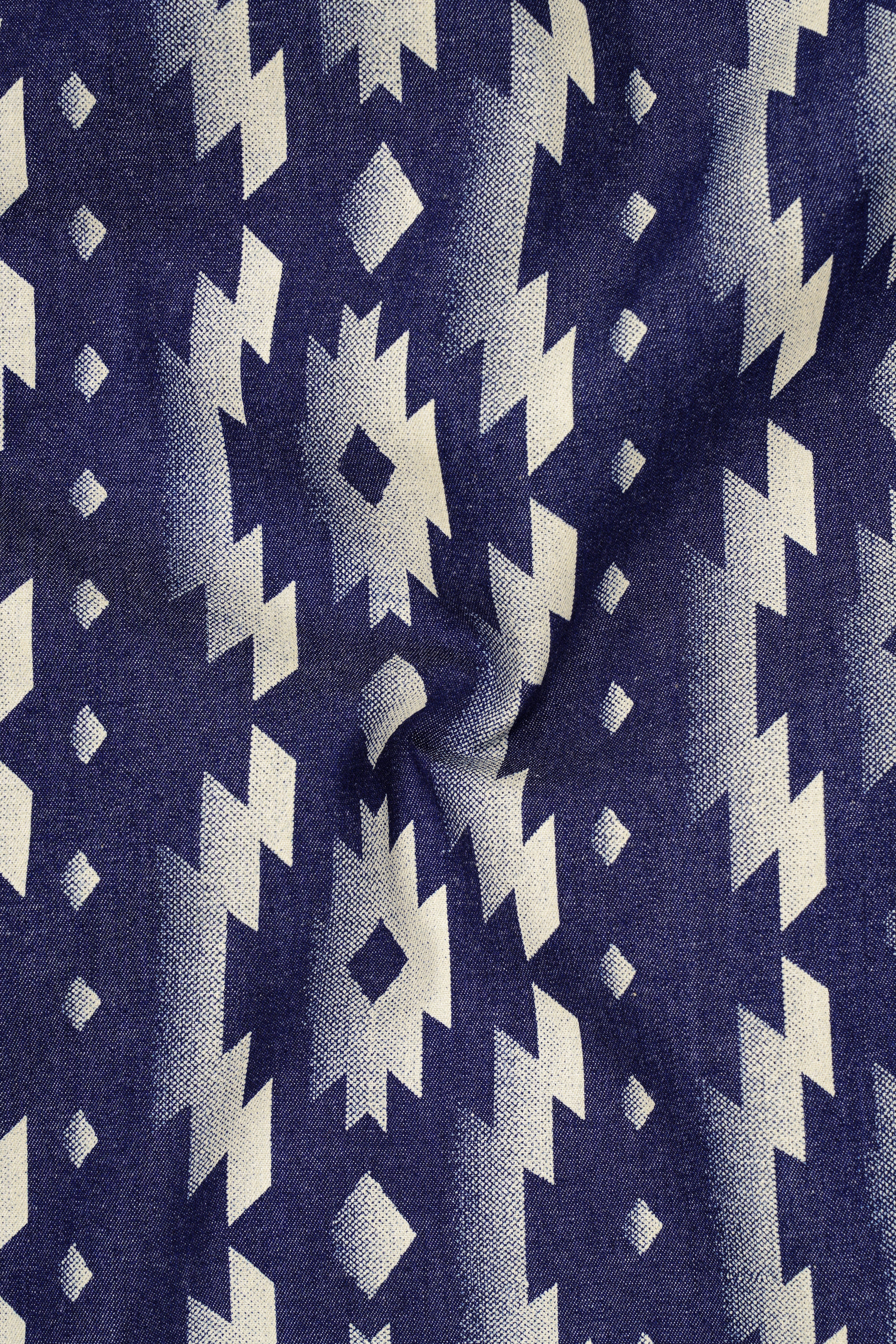 Gunmetal Blue with Nobel Cream Iktat Printed Denim Premium Cotton Designer Suit