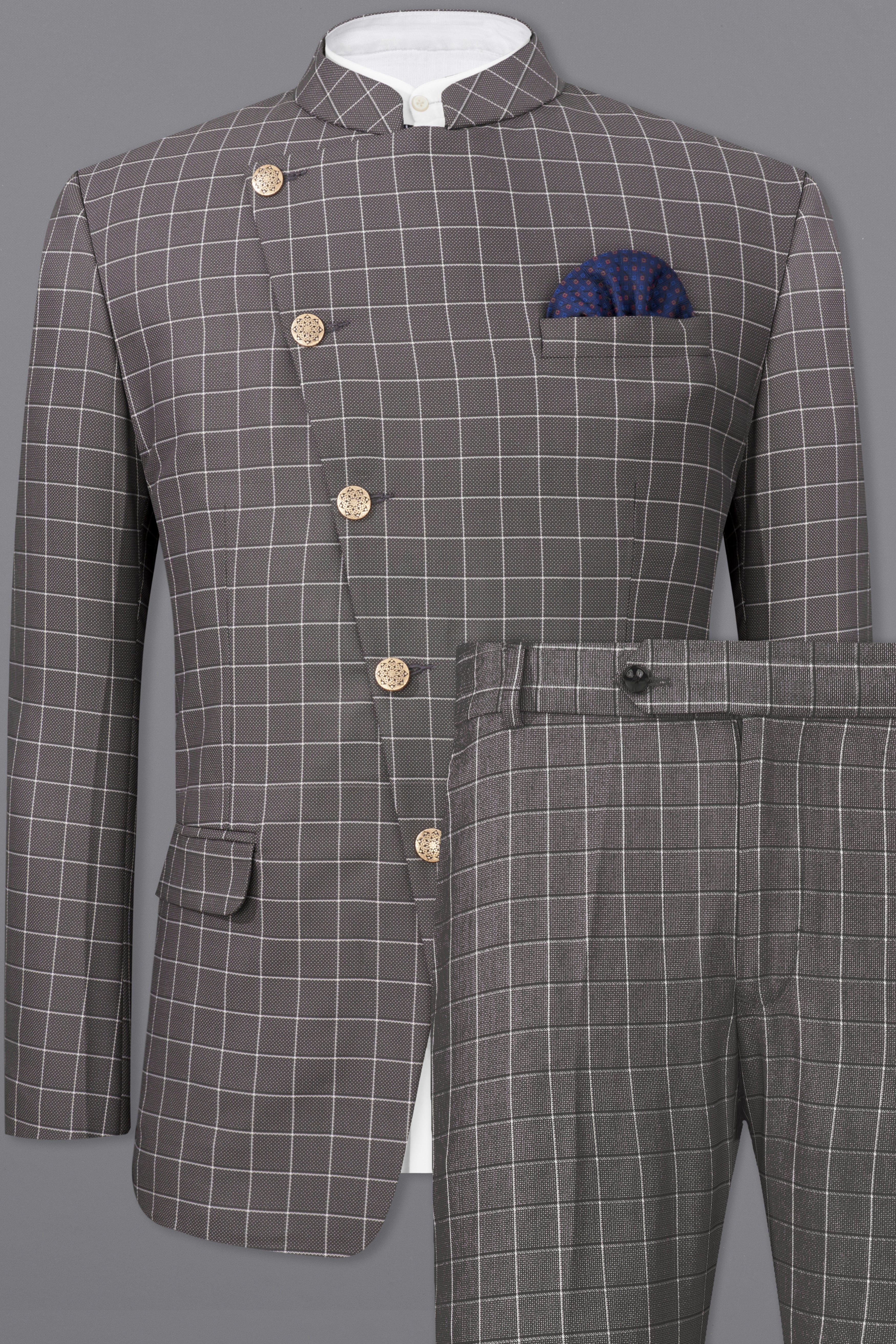 Mortar Gray Checkered Cross Placket Bandhgala Suit