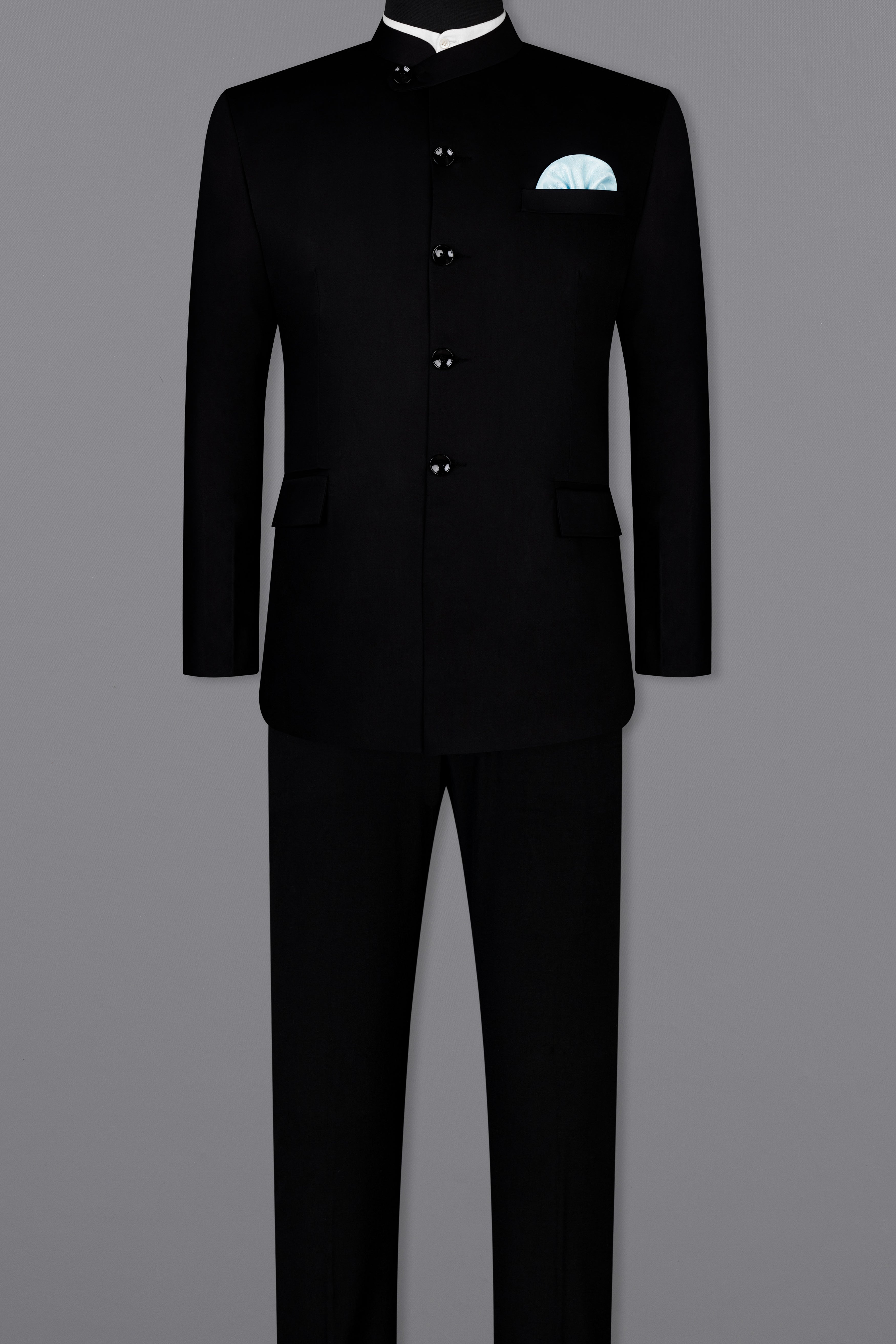 Noirex-Korean Black ( The Best Black We Have ) 4-Way Stretch Wrinkle-Free Fluid Drape Fabric Bandhgala Designer Suit
