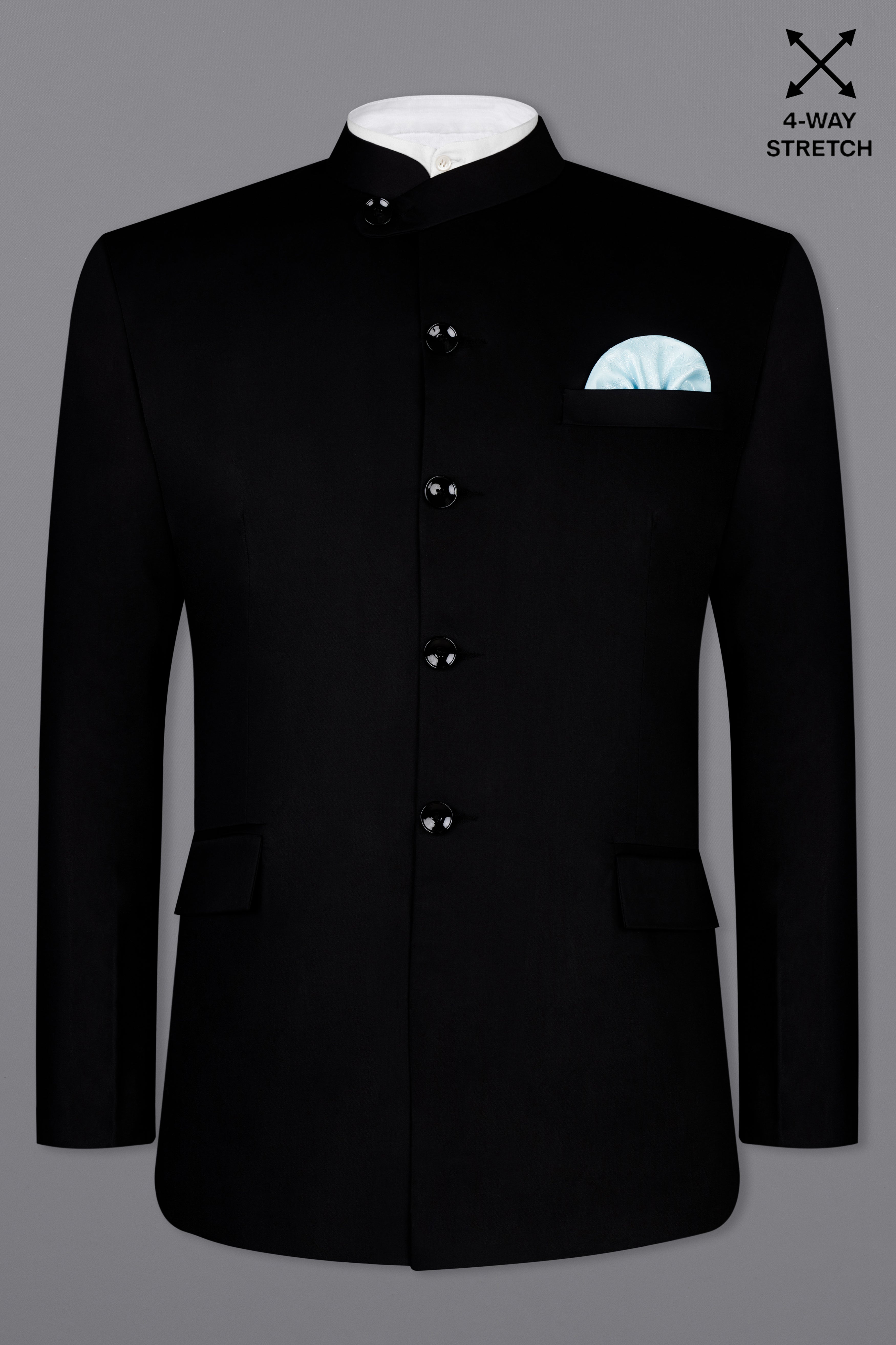 Noirex-Korean Black ( The Best Black We Have ) 4-Way Stretch Wrinkle-Free Fluid Drape Fabric Bandhgala Designer Suit
