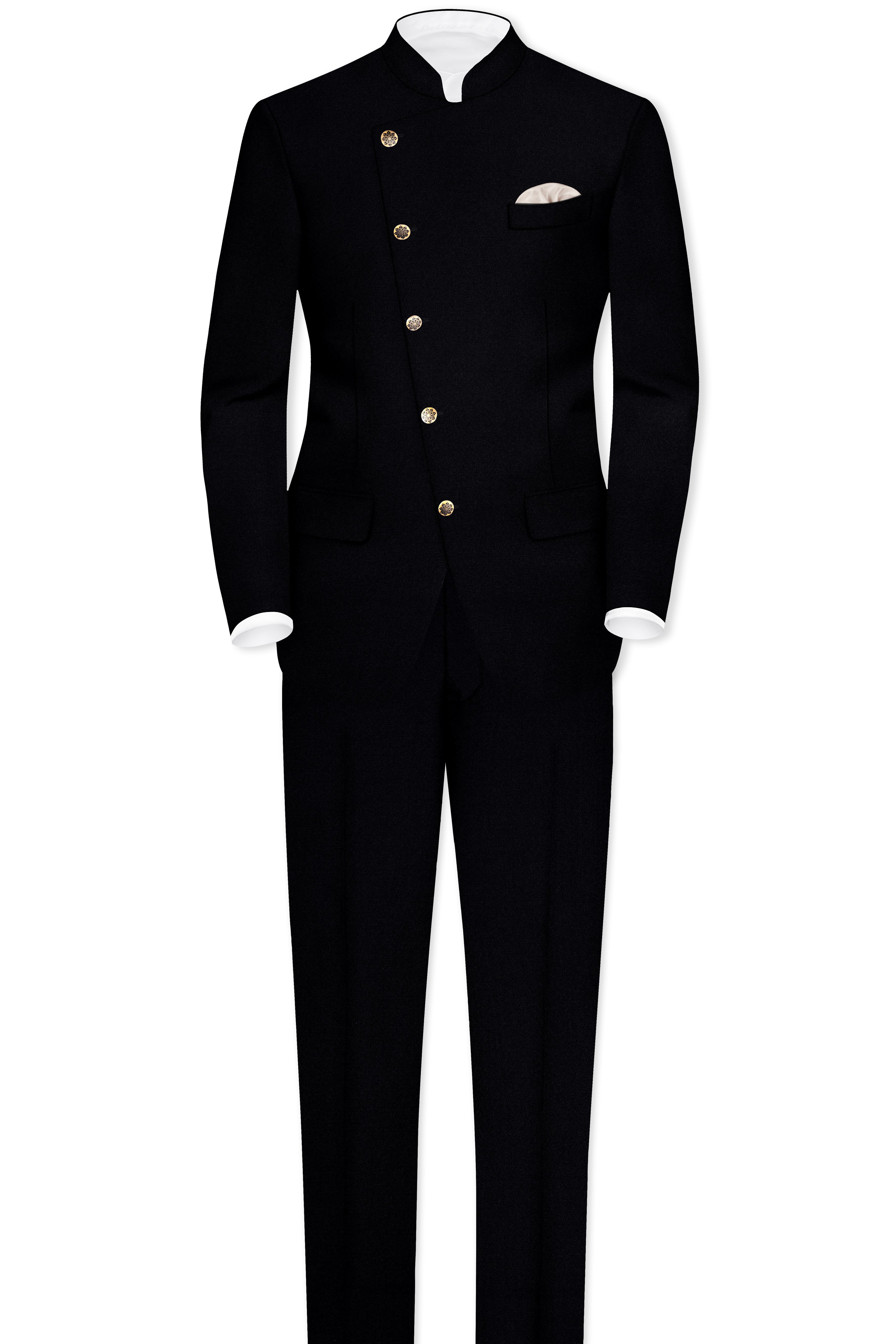 Noirex-Korean Black (The Best Black We Have) Cross Placket 4-Way Stretch Bandhgala Suit