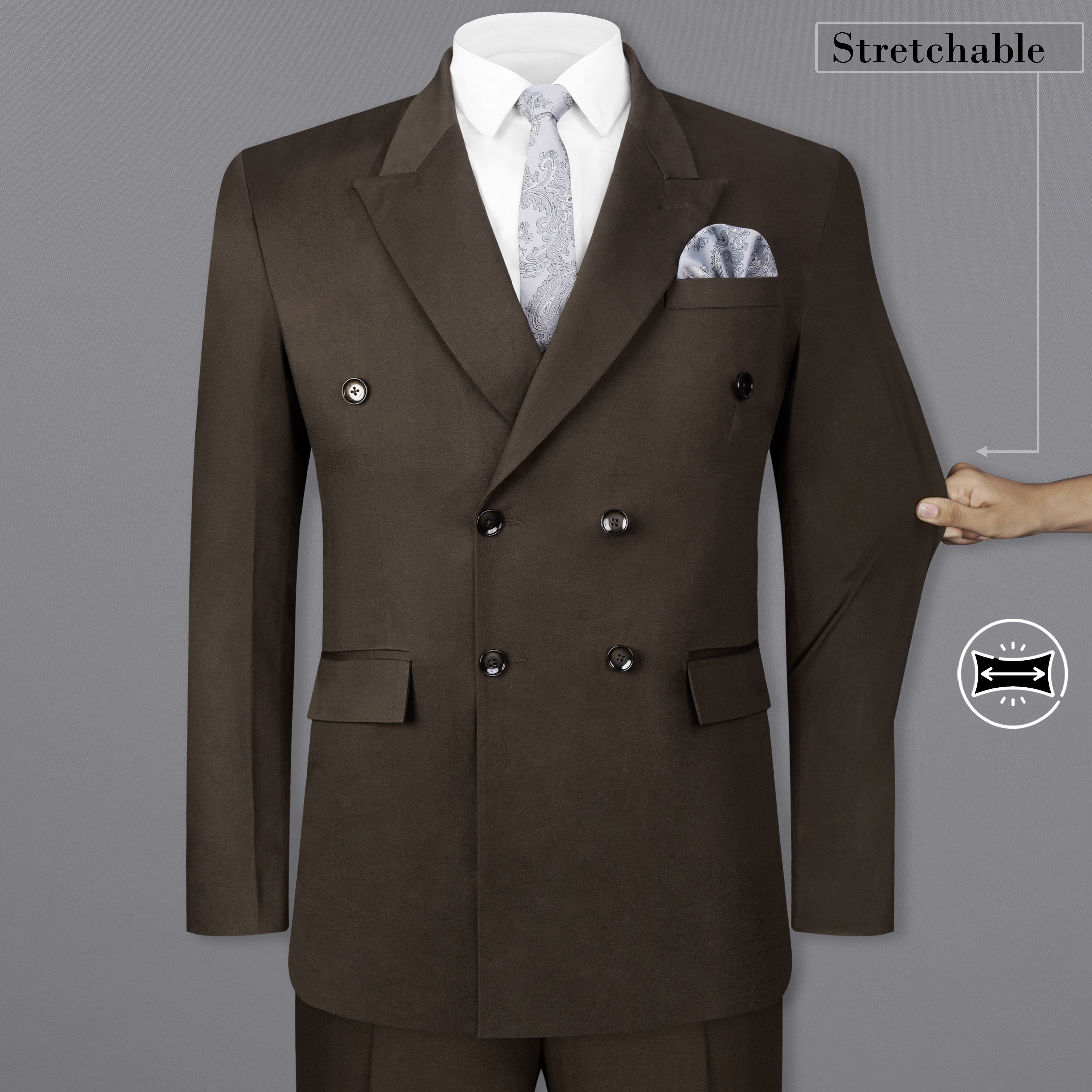 Walnut Brown Solid Stretchable Premium Cotton Double Breasted traveler Suit ST2628-DB-36,ST2628-DB-38,ST2628-DB-40,ST2628-DB-42,ST2628-DB-44,ST2628-DB-46,ST2628-DB-48,ST2628-DB-50,ST2628-DB-52,ST2628-DB-54,ST2628-DB-56,ST2628-DB-58,ST2628-DB-60