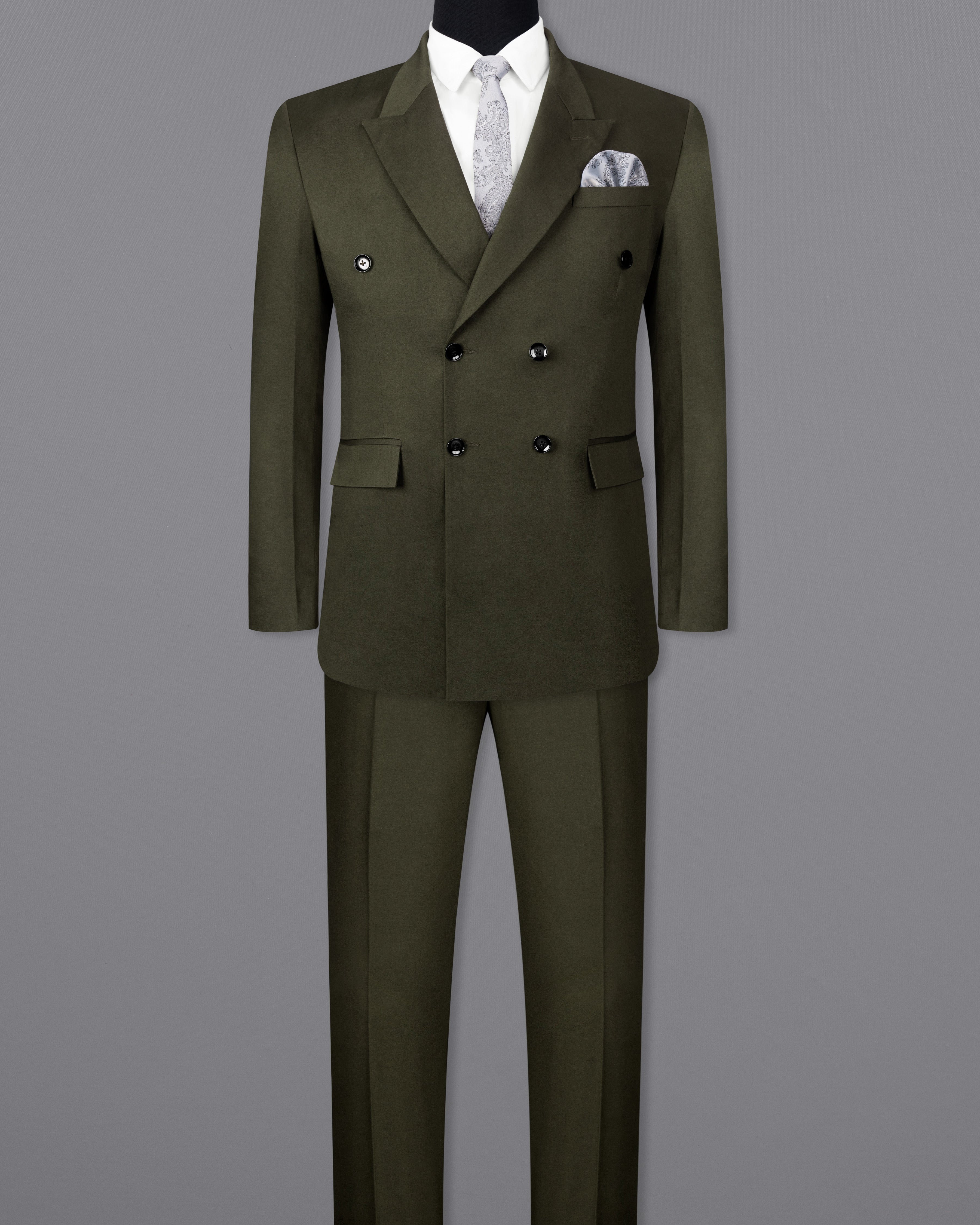 Taupe Green Solid Stretchable Premium Cotton Double Breasted traveler Suit ST2643-DB-36,ST2643-DB-38,ST2643-DB-40,ST2643-DB-42,ST2643-DB-44,ST2643-DB-46,ST2643-DB-48,ST2643-DB-50,ST2643-DB-52,ST2643-DB-54,ST2643-DB-56,ST2643-DB-58,ST2643-DB-60