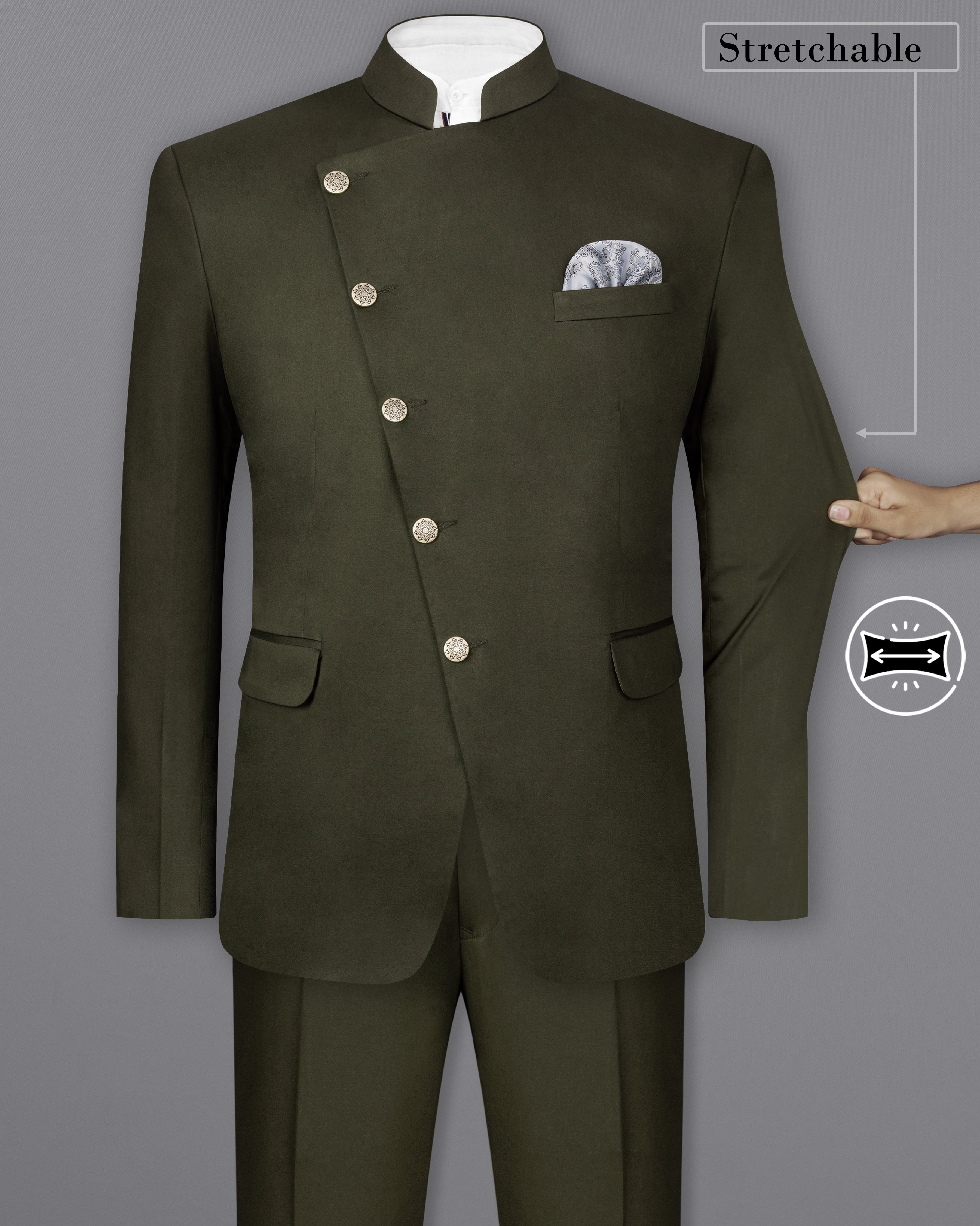 Taupe Green Cross Placket Stretchable Premium Cotton Bandhgala traveler Suit ST2645-CBG-36,ST2645-CBG-38,ST2645-CBG-40,ST2645-CBG-42,ST2645-CBG-44,ST2645-CBG-46,ST2645-CBG-48,ST2645-CBG-50,ST2645-CBG-52,ST2645-CBG-54,ST2645-CBG-56,ST2645-CBG-58,ST2645-CBG-60