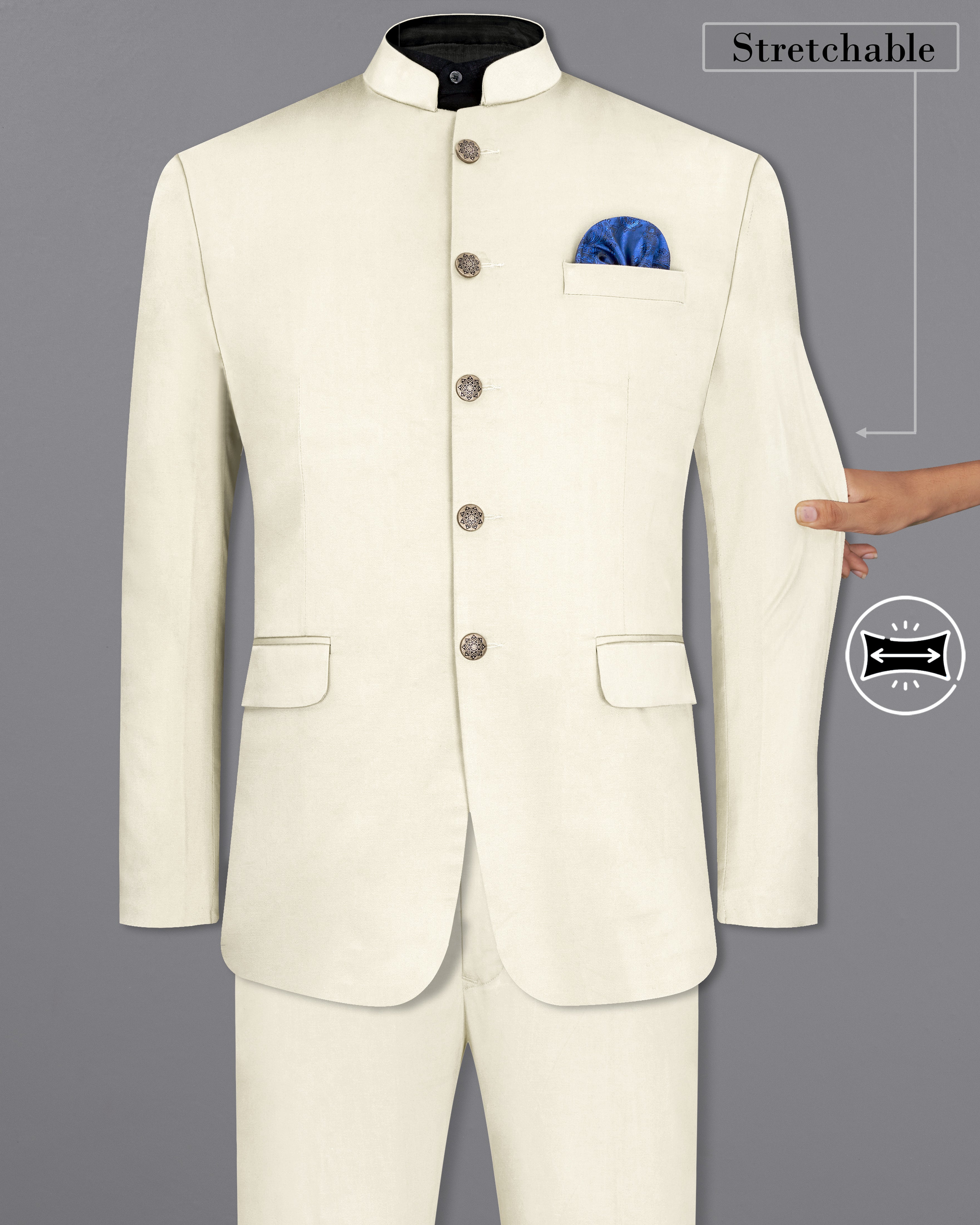 Merino Cream Stretchable Bandhgala Premium Cotton traveler Suit ST2689-BG-36,ST2689-BG-38,ST2689-BG-40,ST2689-BG-42,ST2689-BG-44,ST2689-BG-46,ST2689-BG-48,ST2689-BG-50,ST2689-BG-52,ST2689-BG-54,ST2689-BG-56,ST2689-BG-58,ST2689-BG-60