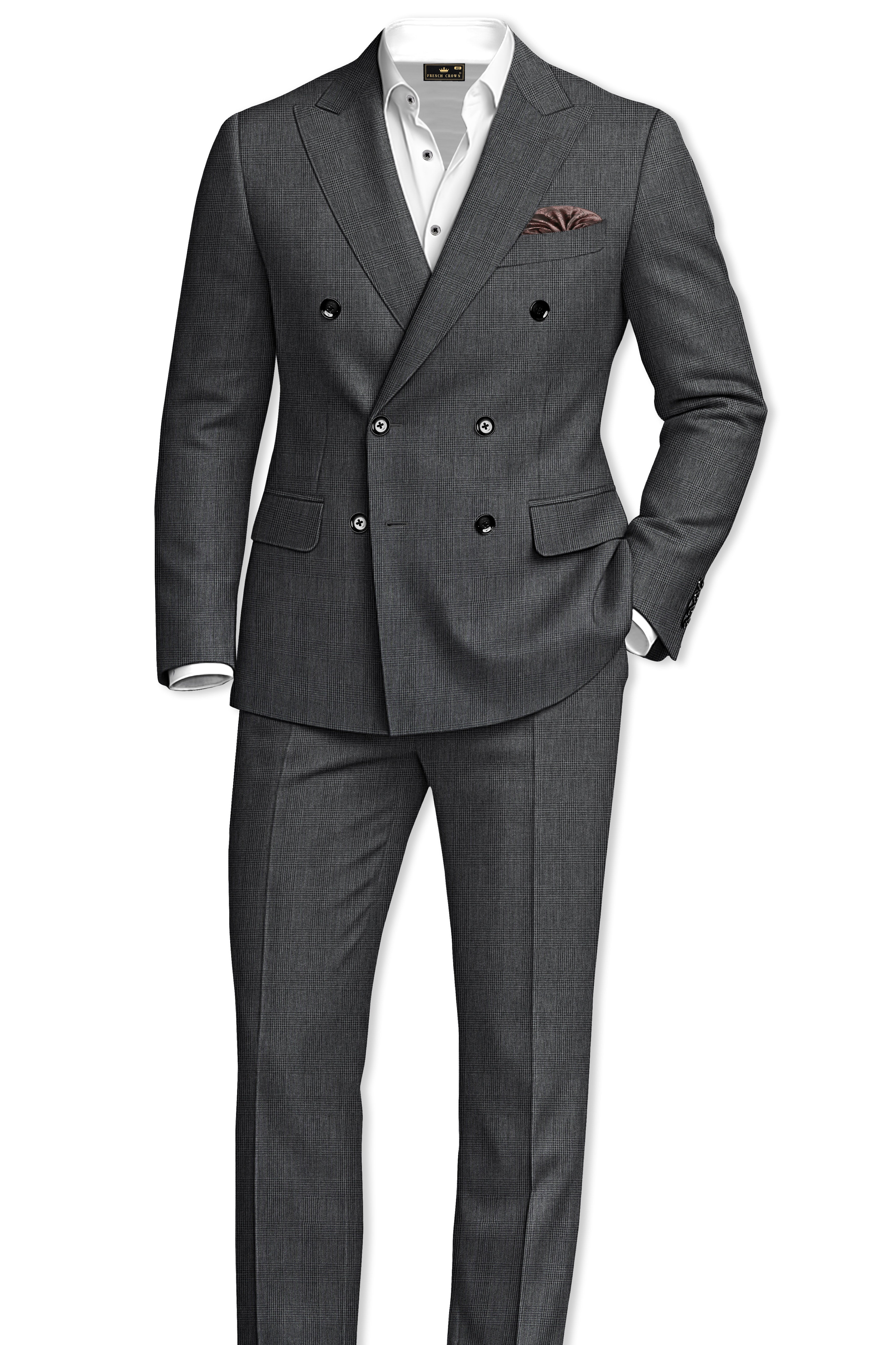 Tundora Dark Gray Subtle Plaid Double-Breasted Suit