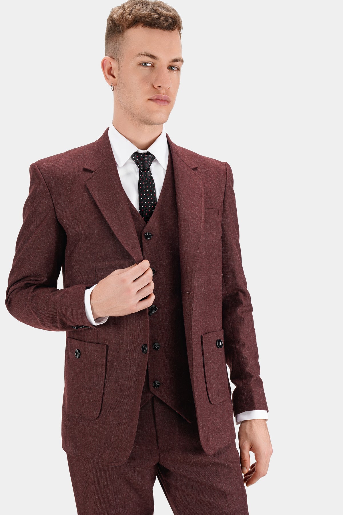 Noir Maroon Tweed Single Breasted Designer Blazer