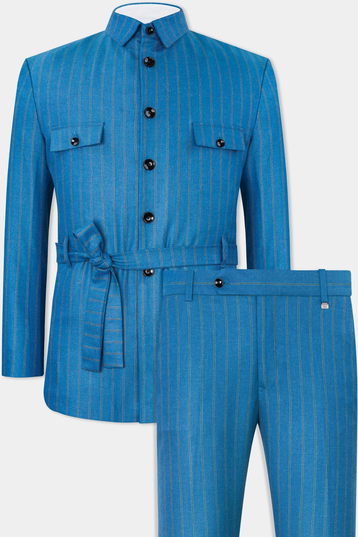 Glacial Blue Striped Tweed Bandhgala Designer Suit