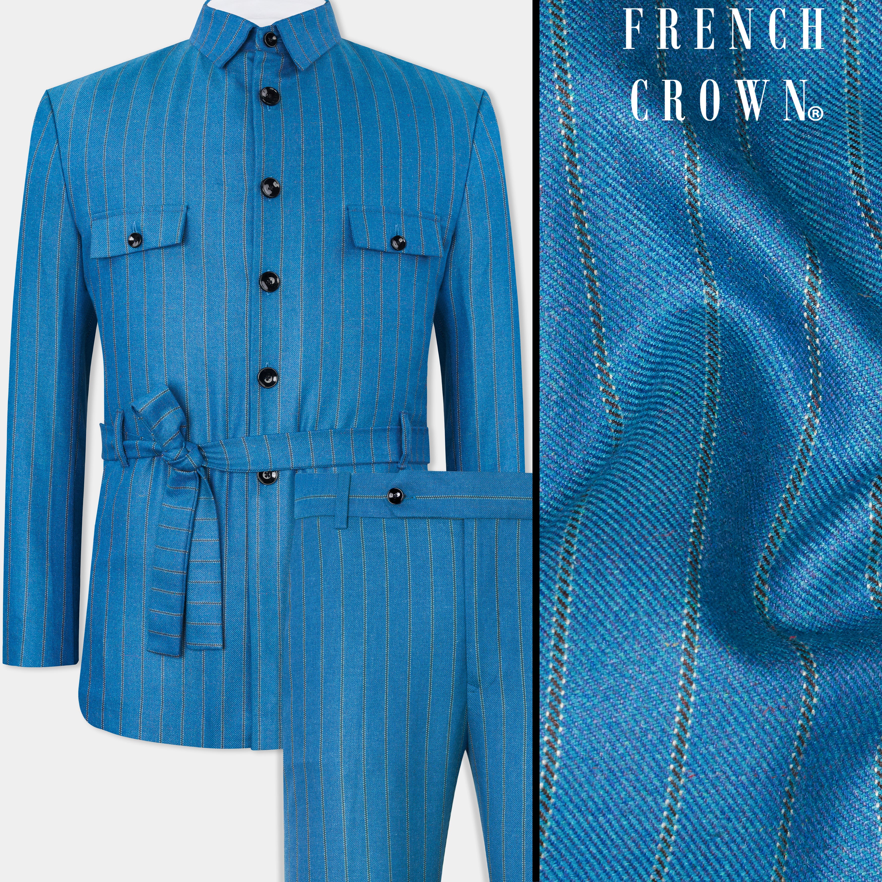 Glacial Blue Striped Tweed Bandhgala Designer Suit