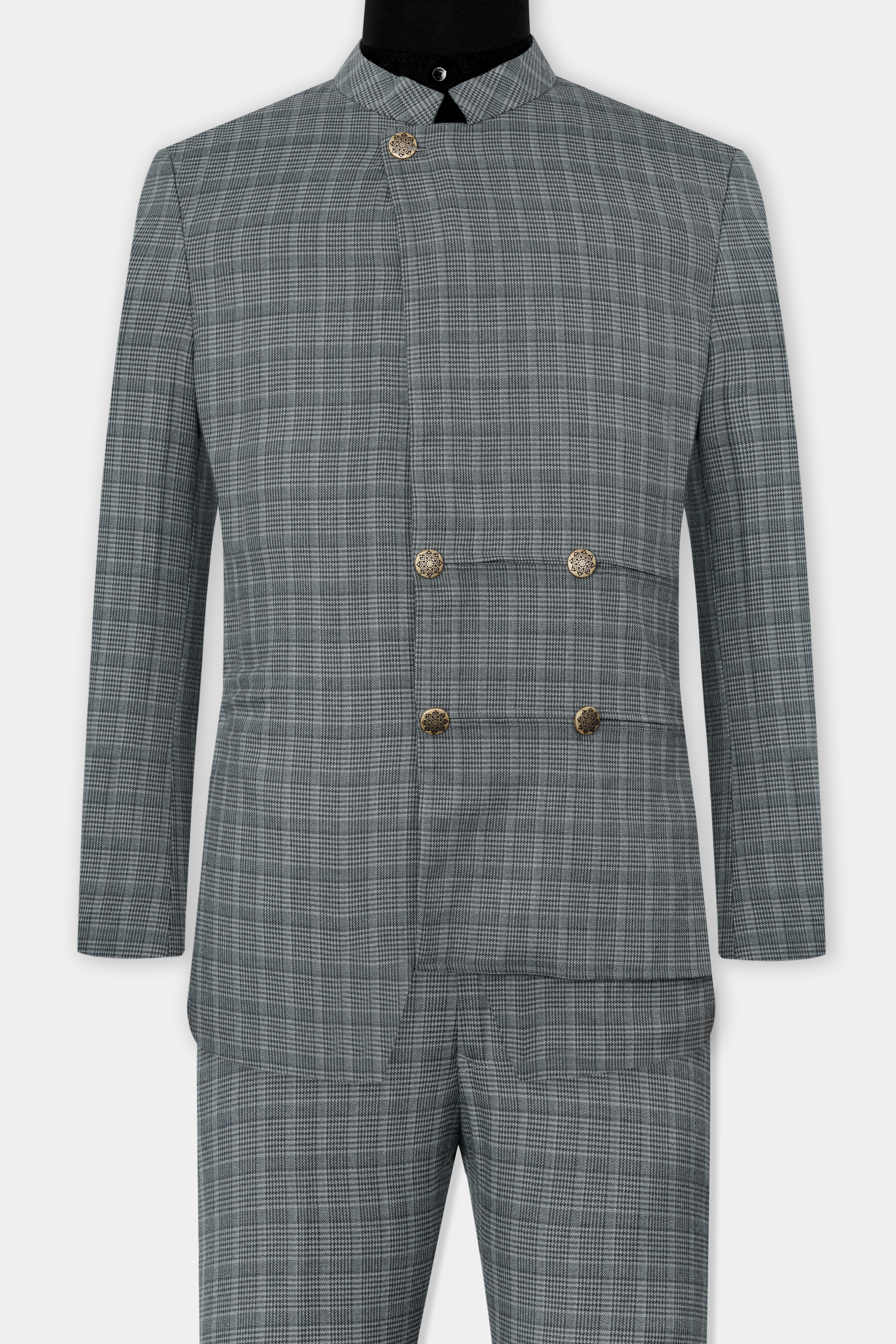 Oslo Gray Checkered Wool Rich Bandhgala Designer Stretchable Traveler Suit ST2801-D38-36,ST2801-D38-38,ST2801-D38-40,ST2801-D38-42,ST2801-D38-44,ST2801-D38-46,ST2801-D38-48,ST2801-D38-50,ST2801-D38-52,ST2801-D38-54,ST2801-D38-56,ST2801-D38-58,ST2801-D38-60
