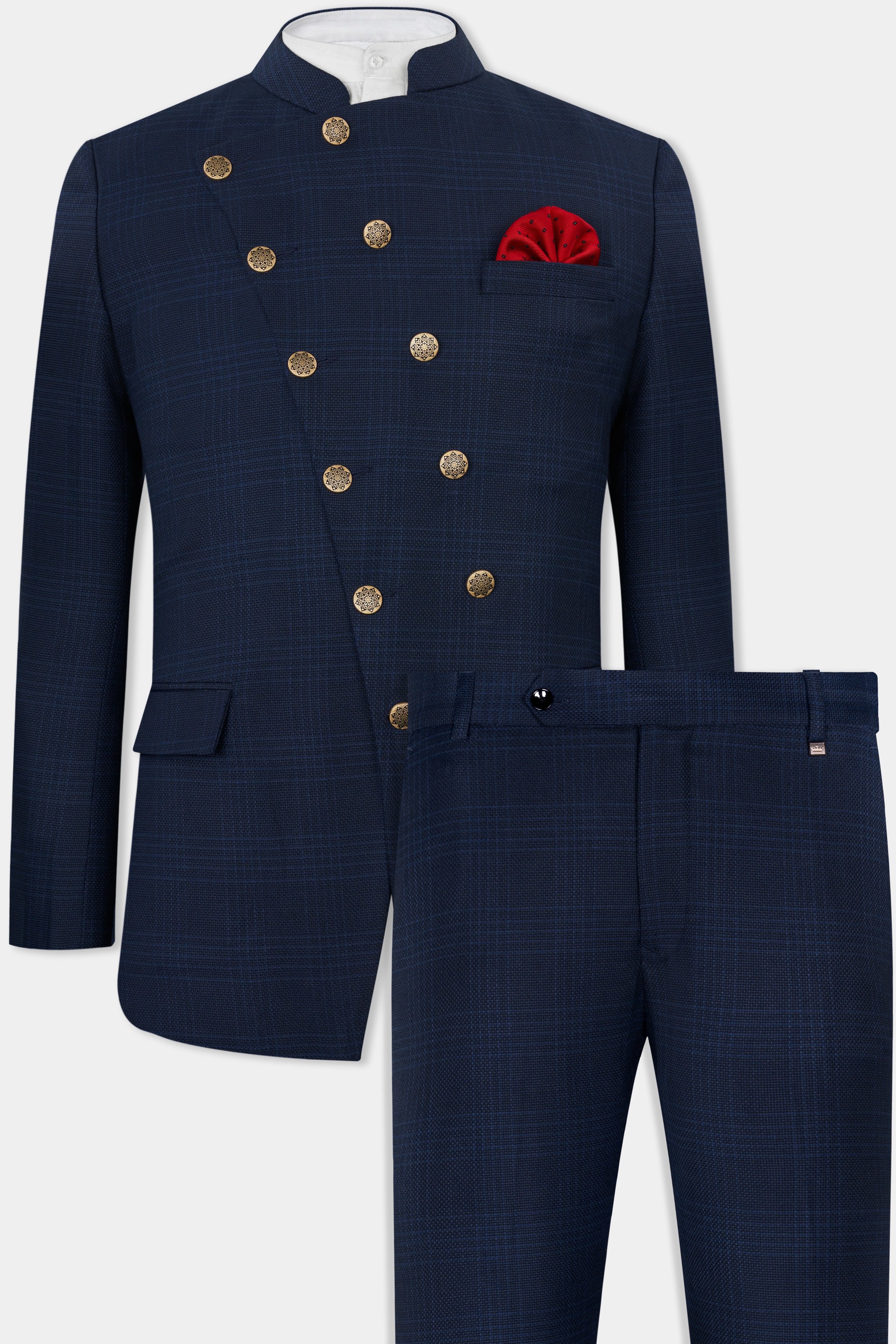 Prussian Blue Subtle Checkered Cross Buttoned Bandhgala Wool Rich Suit ST2816-CBG3-36,ST2816-CBG3-38,ST2816-CBG3-40,ST2816-CBG3-42,ST2816-CBG3-44,ST2816-CBG3-46,ST2816-CBG3-48,ST2816-CBG3-50,ST2816-CBG3-52,ST2816-CBG3-54,ST2816-CBG3-56,ST2816-CBG3-58,ST2816-CBG3-60