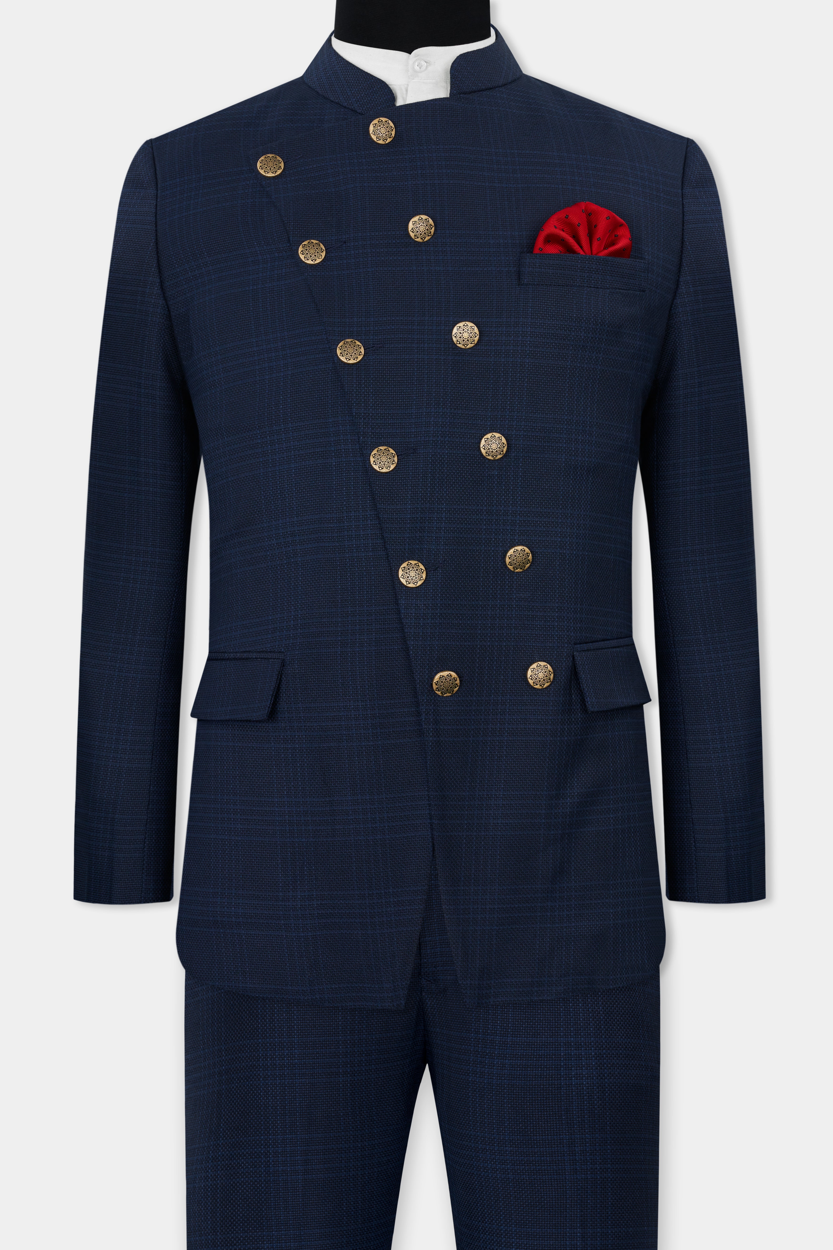 Prussian Blue Subtle Checkered Cross Buttoned Bandhgala Wool Rich Suit ST2816-CBG3-36,ST2816-CBG3-38,ST2816-CBG3-40,ST2816-CBG3-42,ST2816-CBG3-44,ST2816-CBG3-46,ST2816-CBG3-48,ST2816-CBG3-50,ST2816-CBG3-52,ST2816-CBG3-54,ST2816-CBG3-56,ST2816-CBG3-58,ST2816-CBG3-60