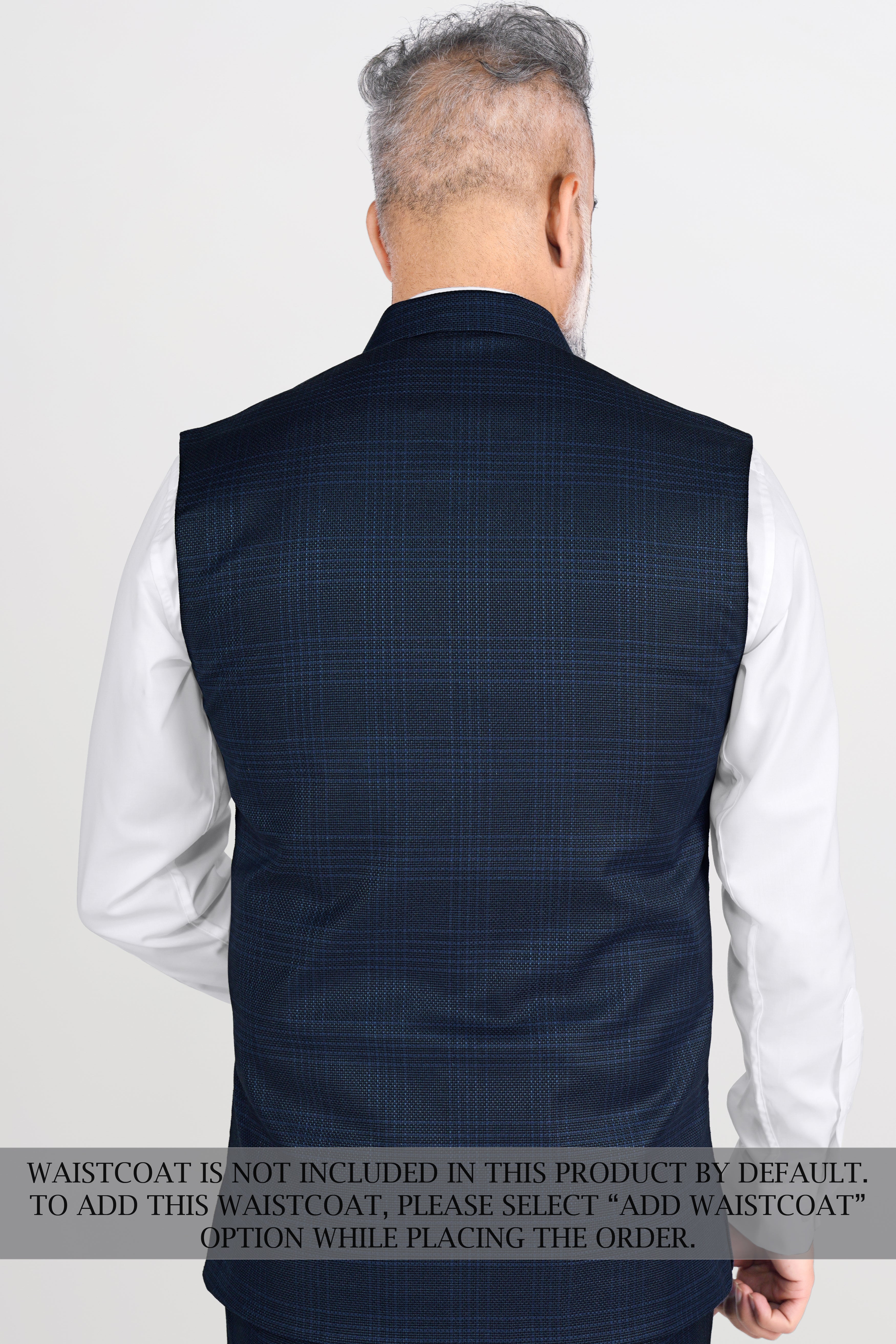 Prussian Blue Subtle Checkered Cross Buttoned Bandhgala Wool Rich Suit