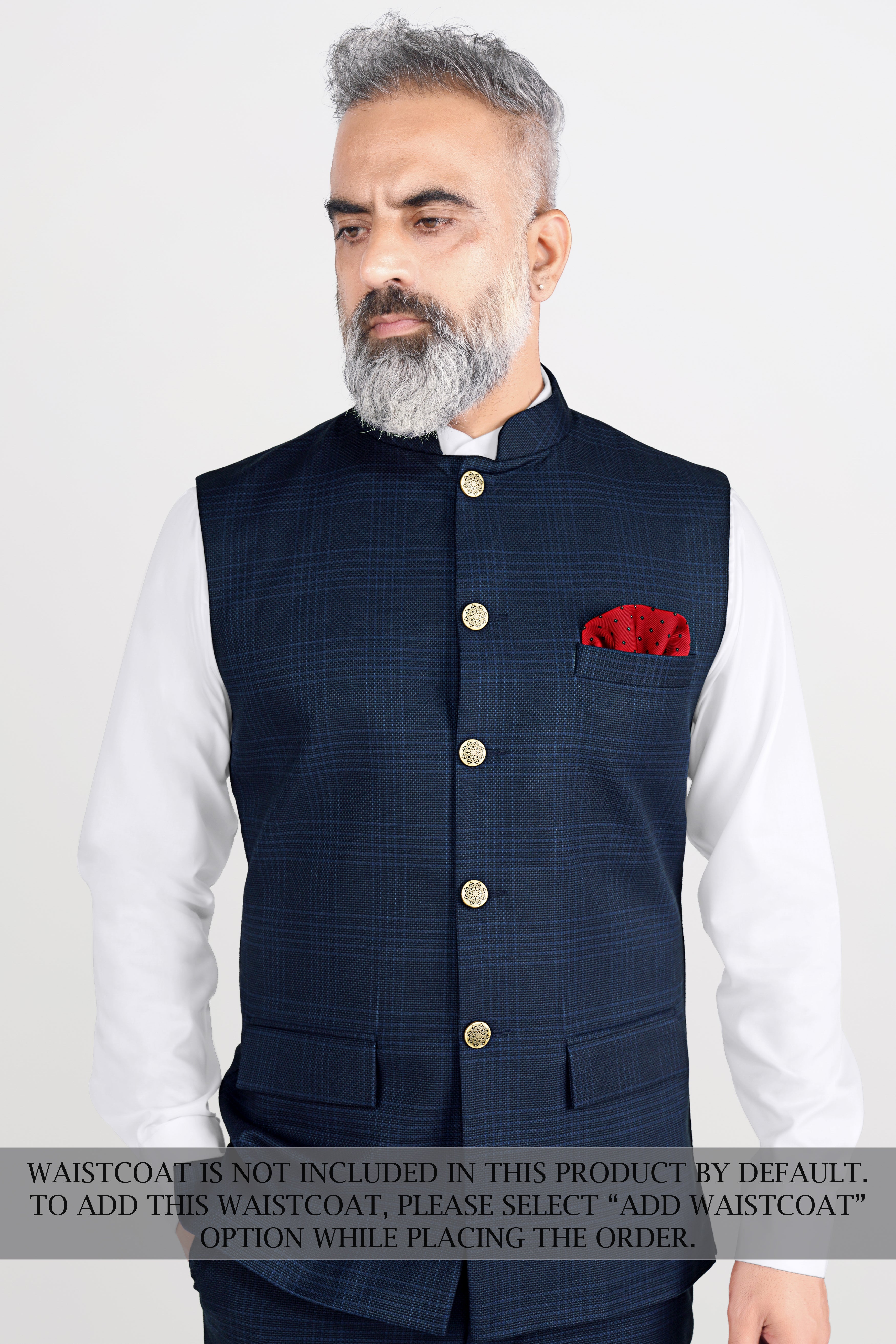 Prussian Blue Subtle Checkered Cross Buttoned Bandhgala Wool Rich Suit