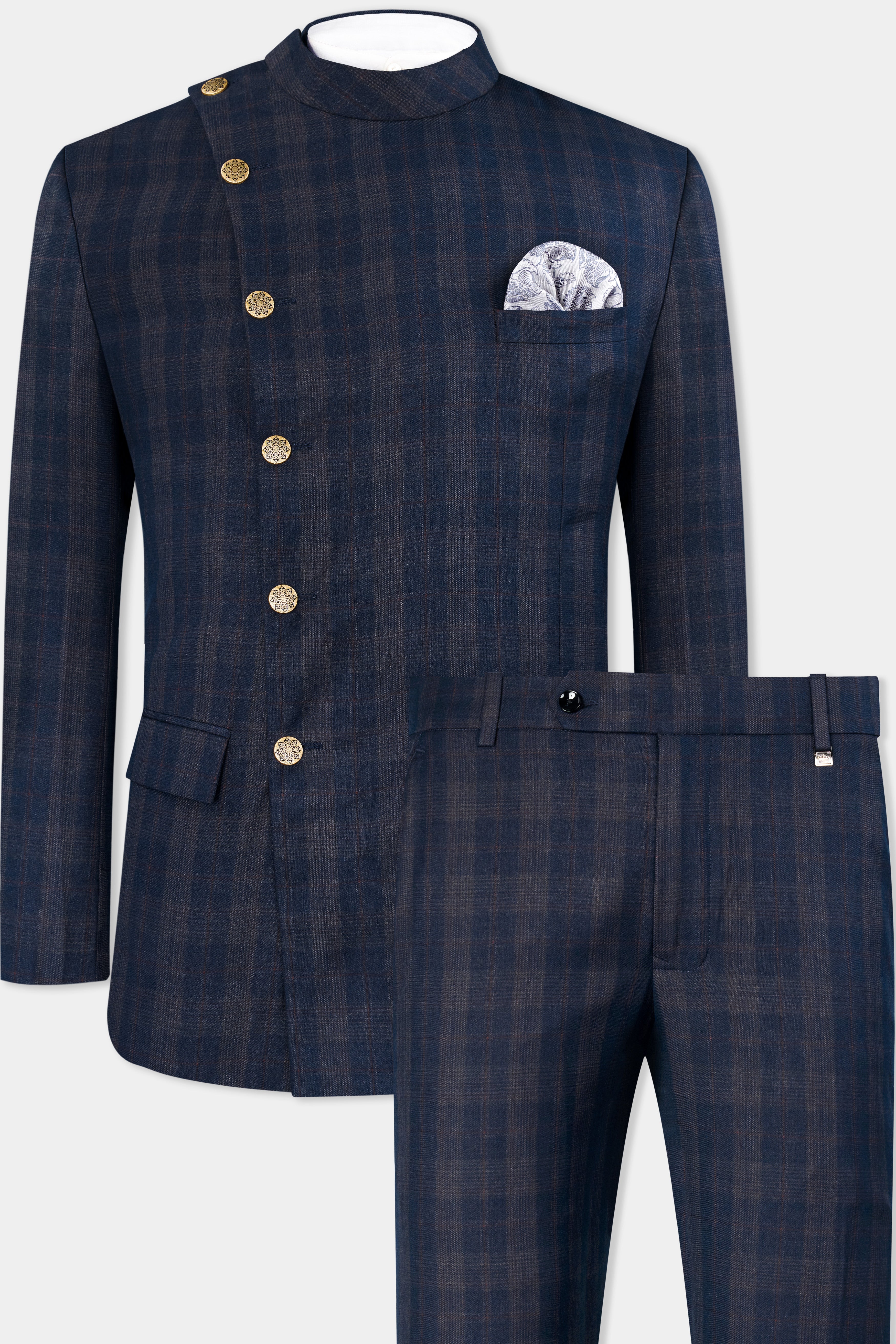 Admiral Blue and Cinereous Brown Plaid Wool Rich Cross Buttoned Bandhgala Suit ST2872-CBG2-36,ST2872-CBG2-38,ST2872-CBG2-40,ST2872-CBG2-42,ST2872-CBG2-44,ST2872-CBG2-46,ST2872-CBG2-48,ST2872-CBG2-50,ST2872-CBG2-52,ST2872-CBG2-54,ST2872-CBG2-56,ST2872-CBG2-58,ST2872-CBG2-60