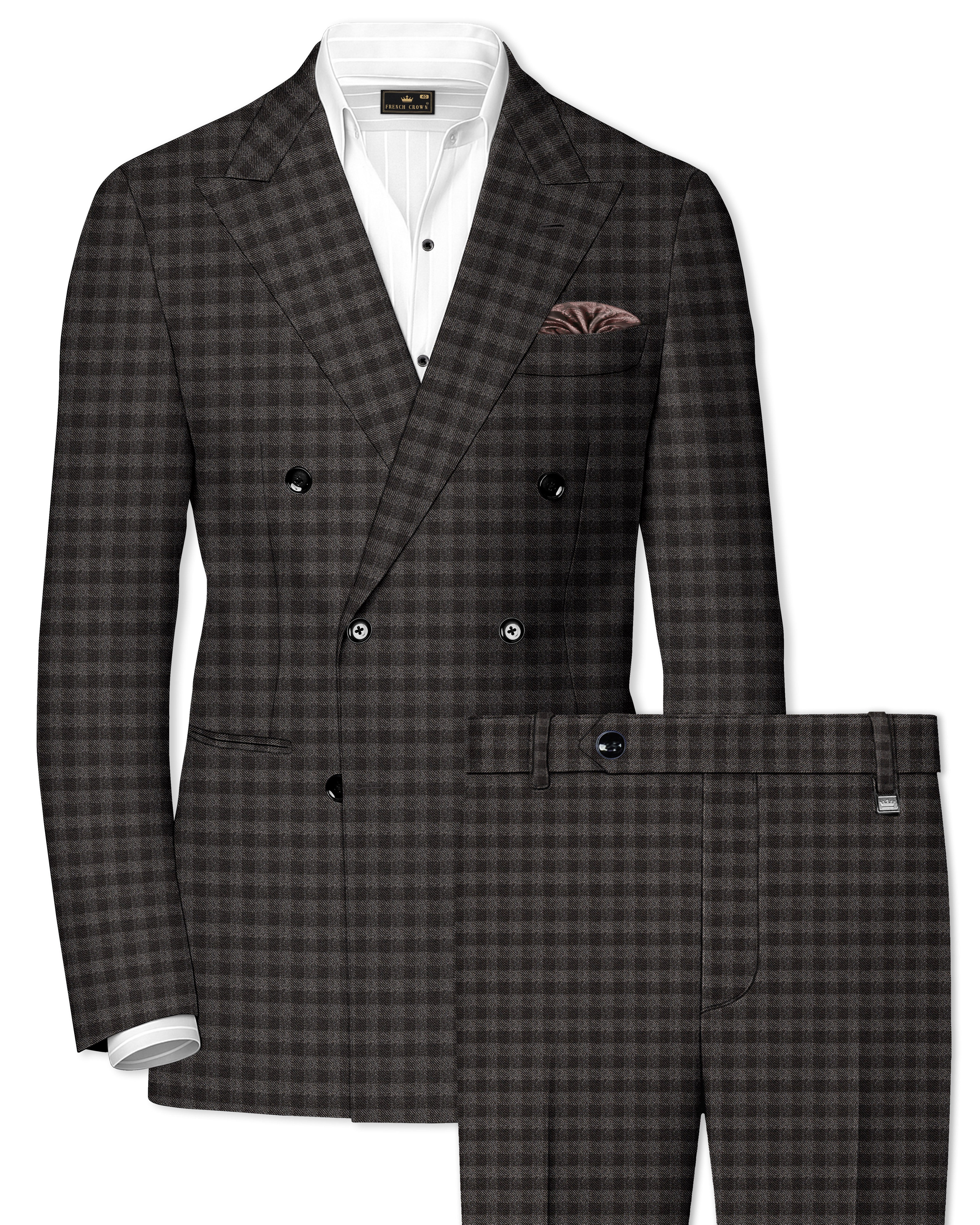Jade Black and Storm Brown Checkered Wool Rich Double Breasted Suit