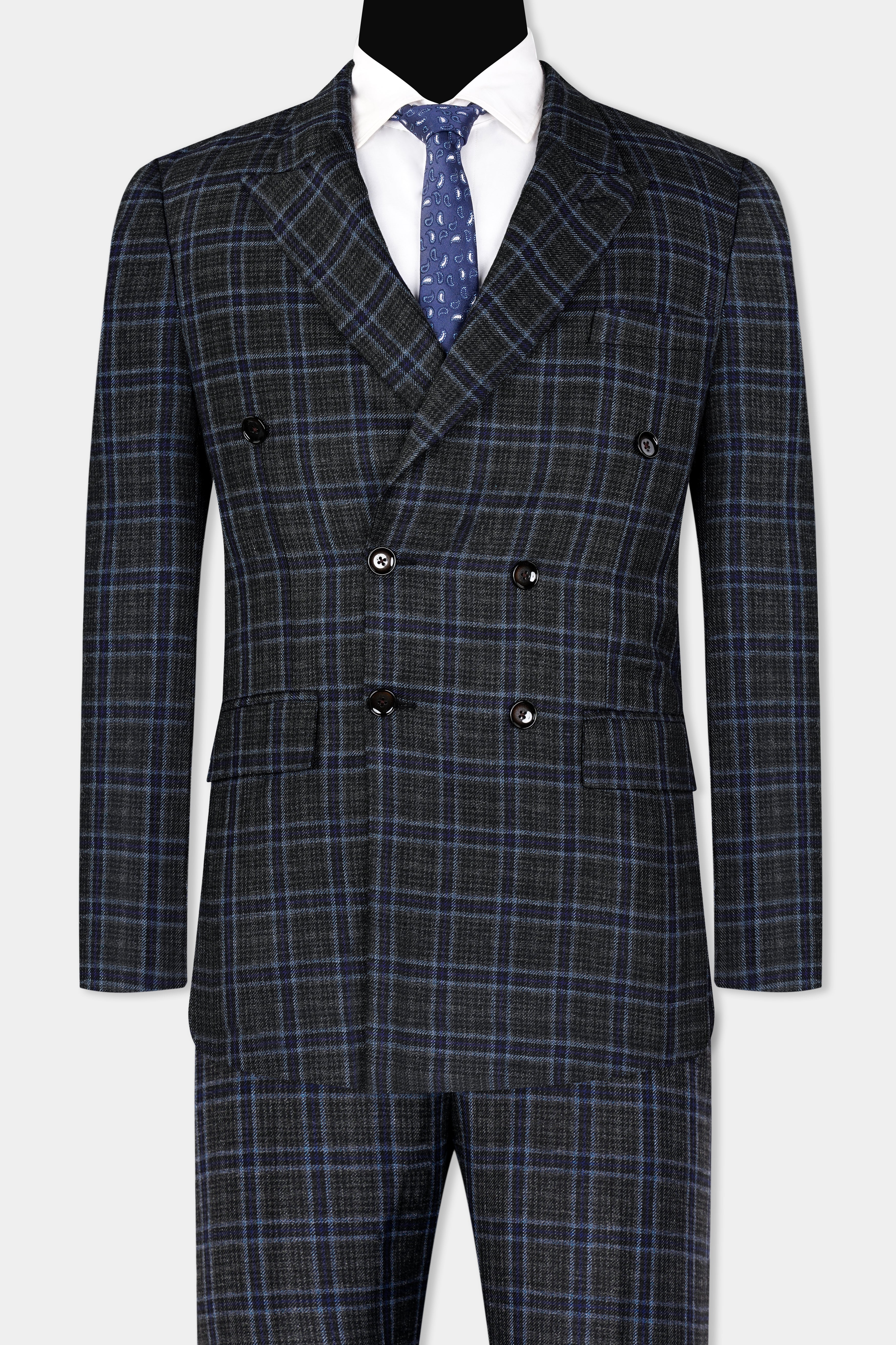 Bleached Black and Marine Blue Plaid Double Breasted Tweed Suit ST2907-DB-36,ST2907-DB-38,ST2907-DB-40,ST2907-DB-42,ST2907-DB-44,ST2907-DB-46,ST2907-DB-48,ST2907-DB-50,ST2907-DB-52,ST2907-DB-54,ST2907-DB-56,ST2907-DB-58,ST2907-DB-60
