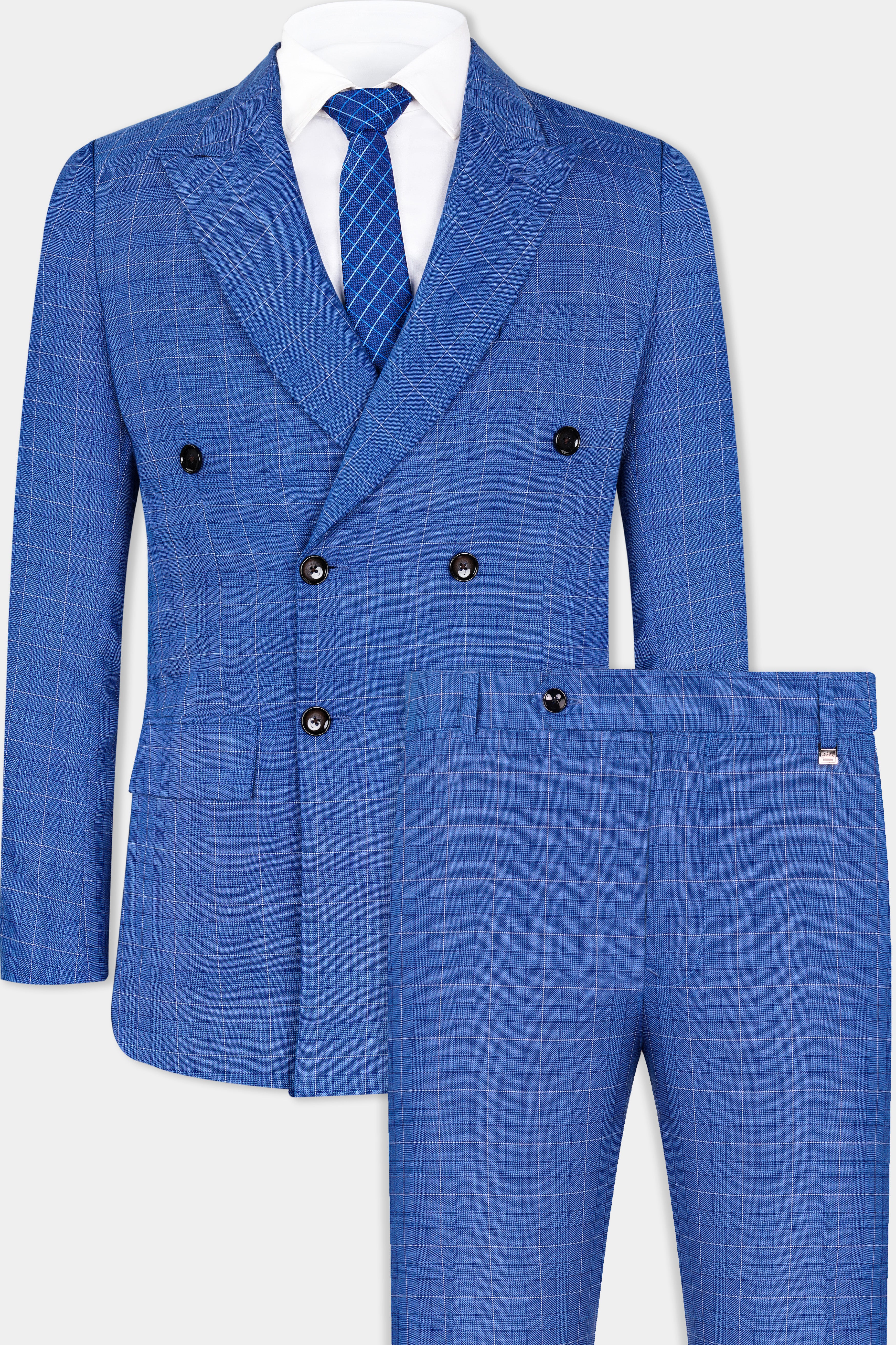 Cobalt Blue Checkered Wool Rich Double Breasted Suit ST2947-DB-36,ST2947-DB-38,ST2947-DB-40,ST2947-DB-42,ST2947-DB-44,ST2947-DB-46,ST2947-DB-48,ST2947-DB-50,ST2947-DB-52,ST2947-DB-54,ST2947-DB-56,ST2947-DB-58,ST2947-DB-60
