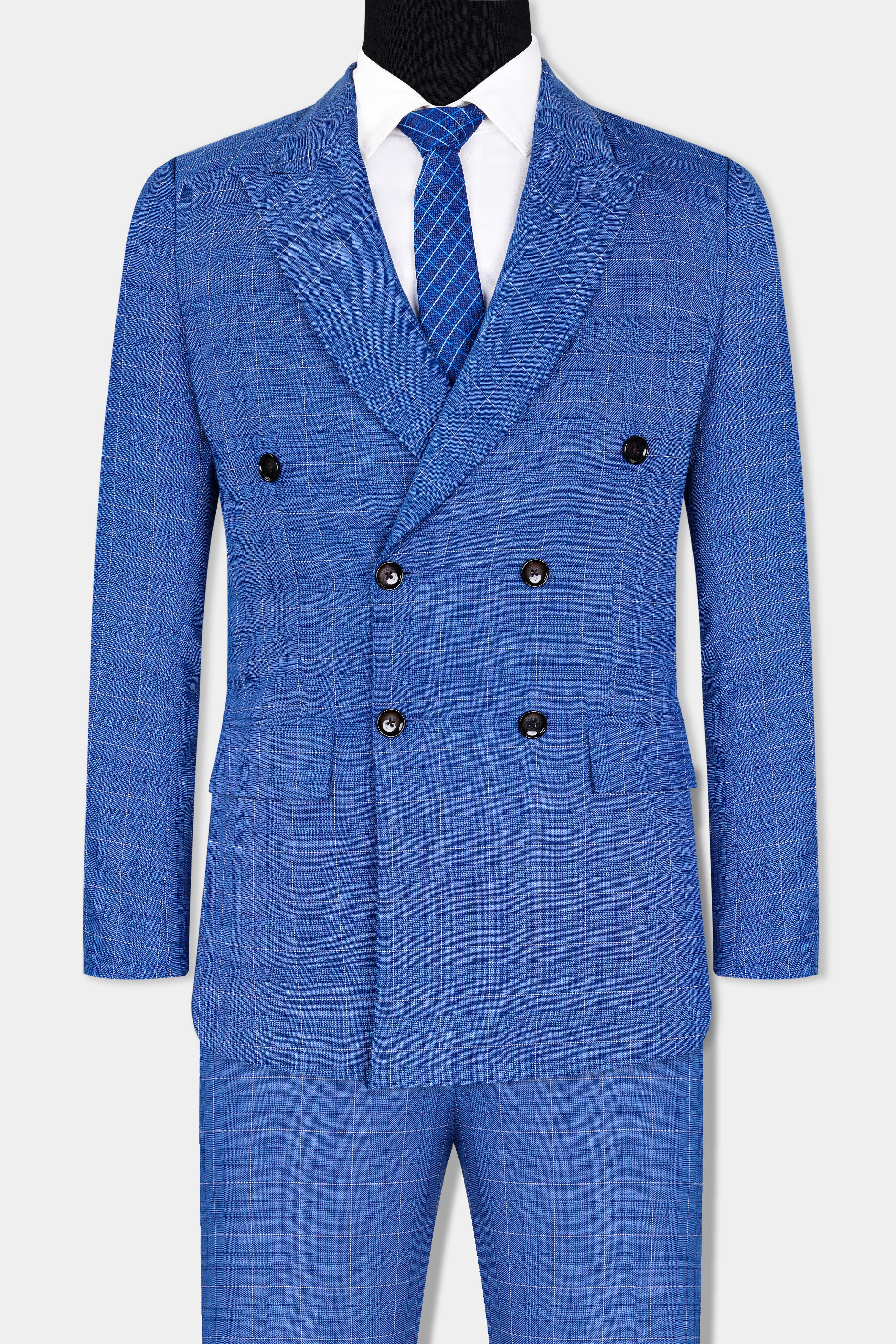 Cobalt Blue Checkered Wool Rich Double Breasted Suit ST2947-DB-36,ST2947-DB-38,ST2947-DB-40,ST2947-DB-42,ST2947-DB-44,ST2947-DB-46,ST2947-DB-48,ST2947-DB-50,ST2947-DB-52,ST2947-DB-54,ST2947-DB-56,ST2947-DB-58,ST2947-DB-60