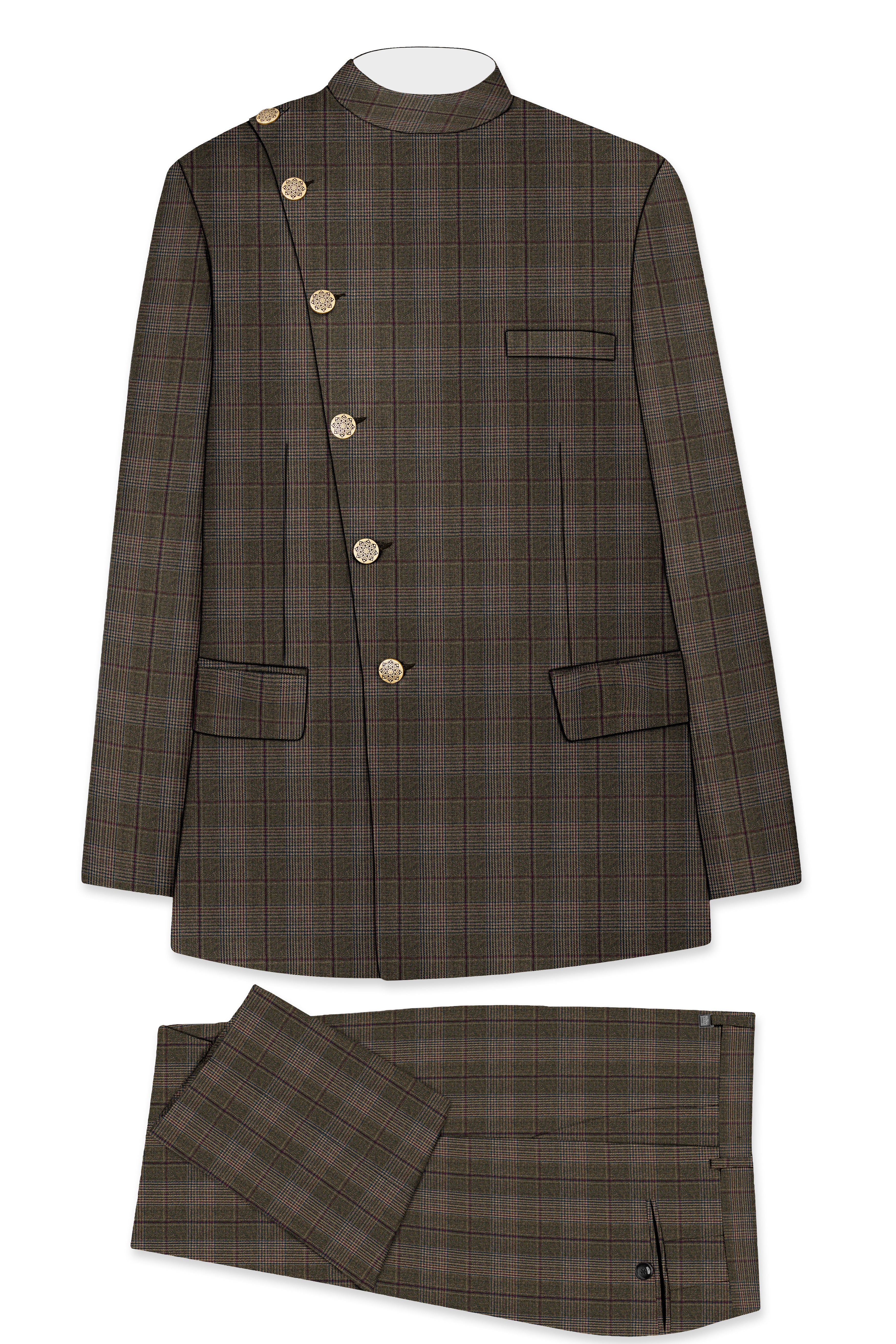 Fuscous Green and Bistre Brown Plaid Wool Rich Cross Placket Bandhgala Suit