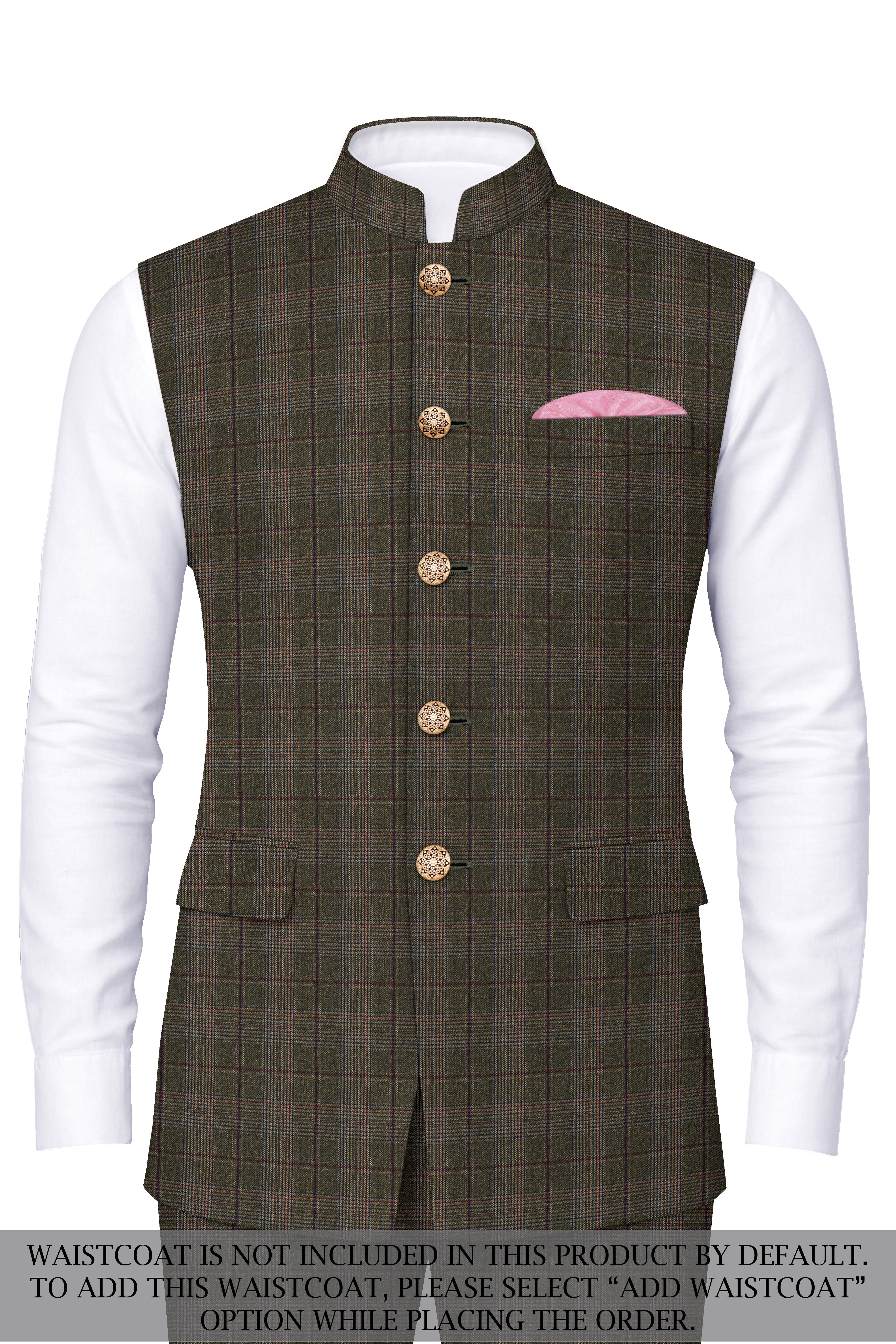 Fuscous Green and Bistre Brown Plaid Wool Rich Cross Placket Bandhgala Suit