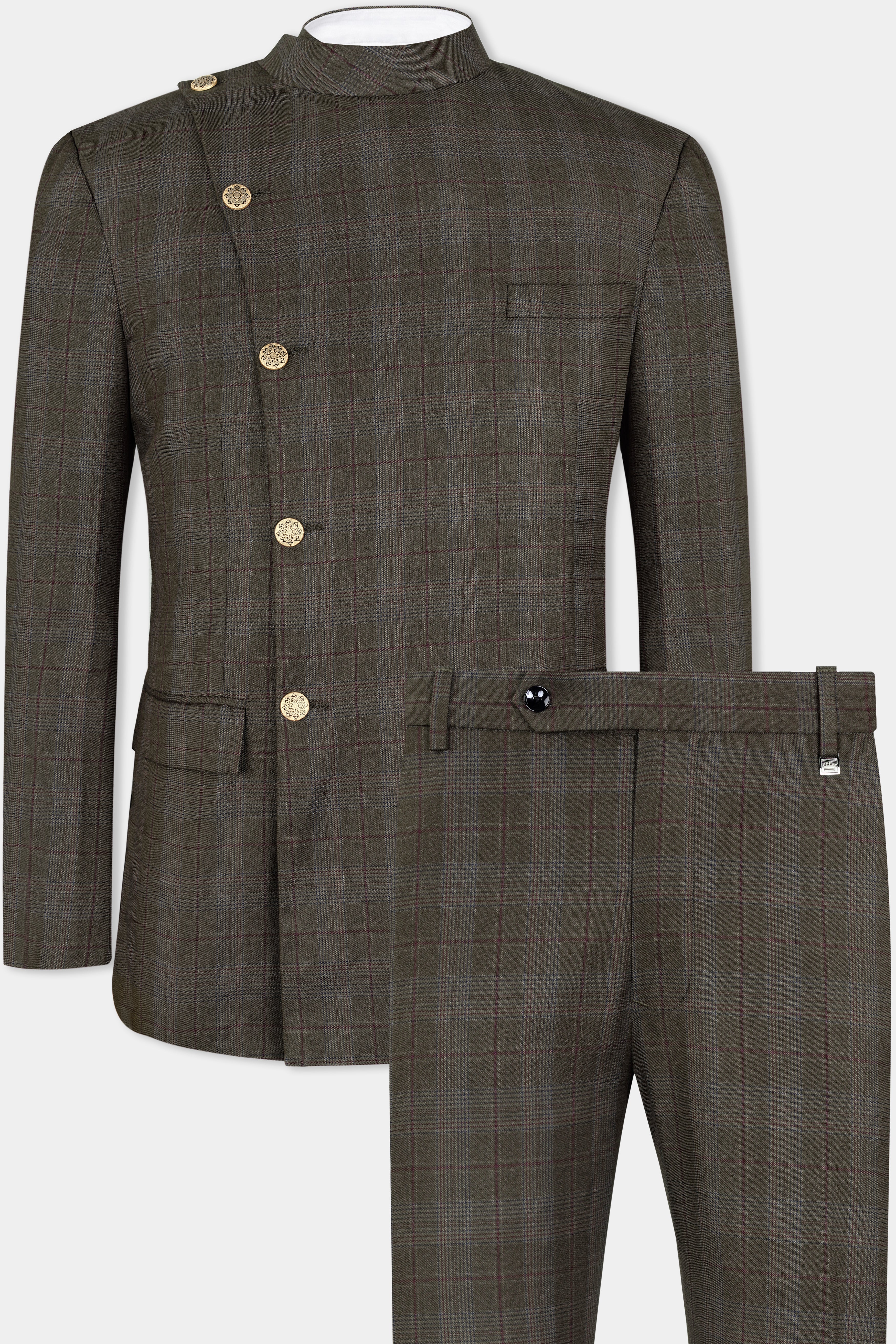 Fuscous Green and Bistre Brown Plaid Wool Rich Cross Buttoned Bandhgala Suit ST2951-CBG2-36, ST2951-CBG2-38, ST2951-CBG2-40, ST2951-CBG2-42, ST2951-CBG2-44, ST2951-CBG2-46, ST2951-CBG2-48, ST2951-CBG2-50, ST2951-CBG2-52, ST2951-CBG2-54, ST2951-CBG2-56, ST2951-CBG2-58, ST2951-CBG2-60