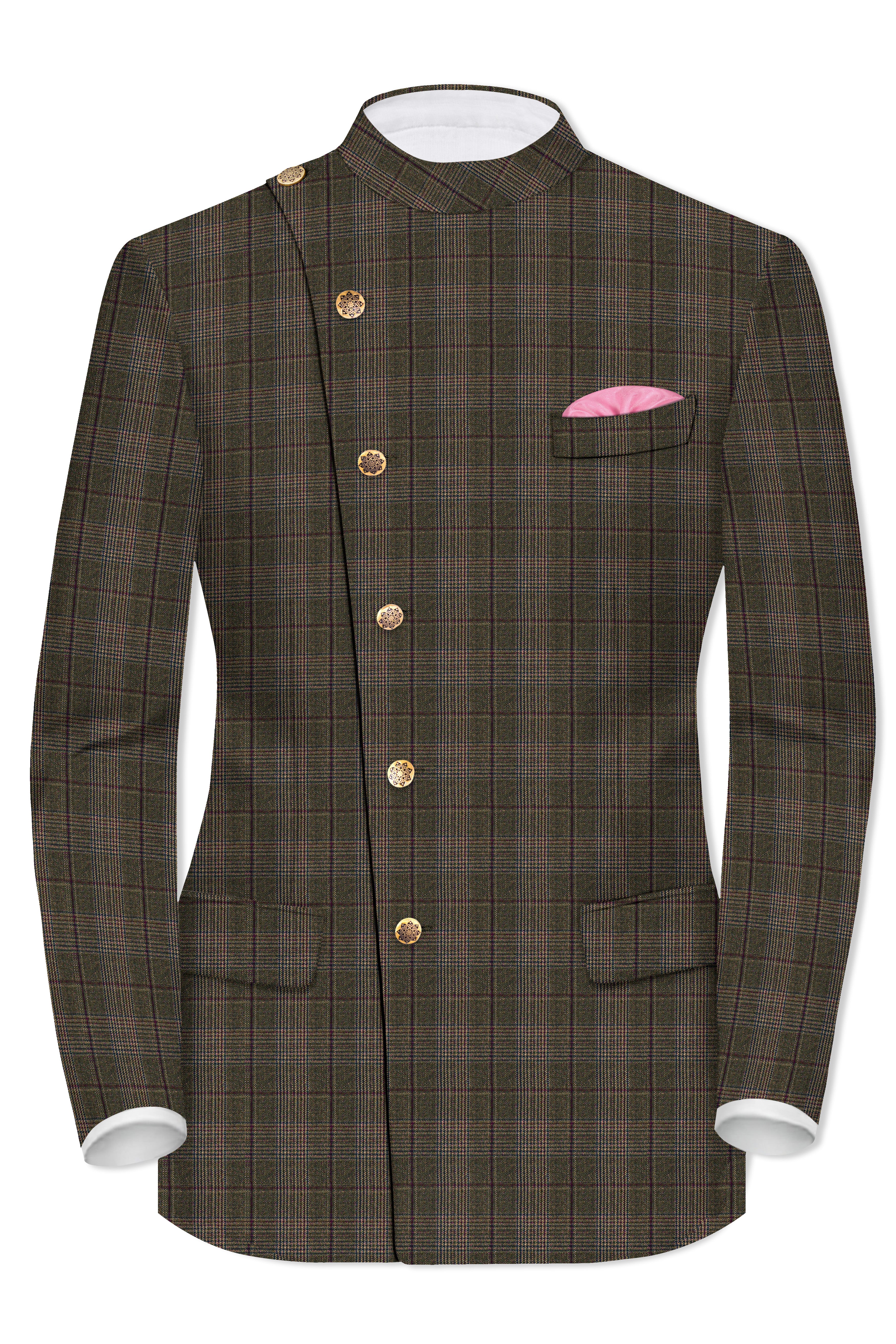 Fuscous Green and Bistre Brown Plaid Wool Rich Cross Placket Bandhgala Suit