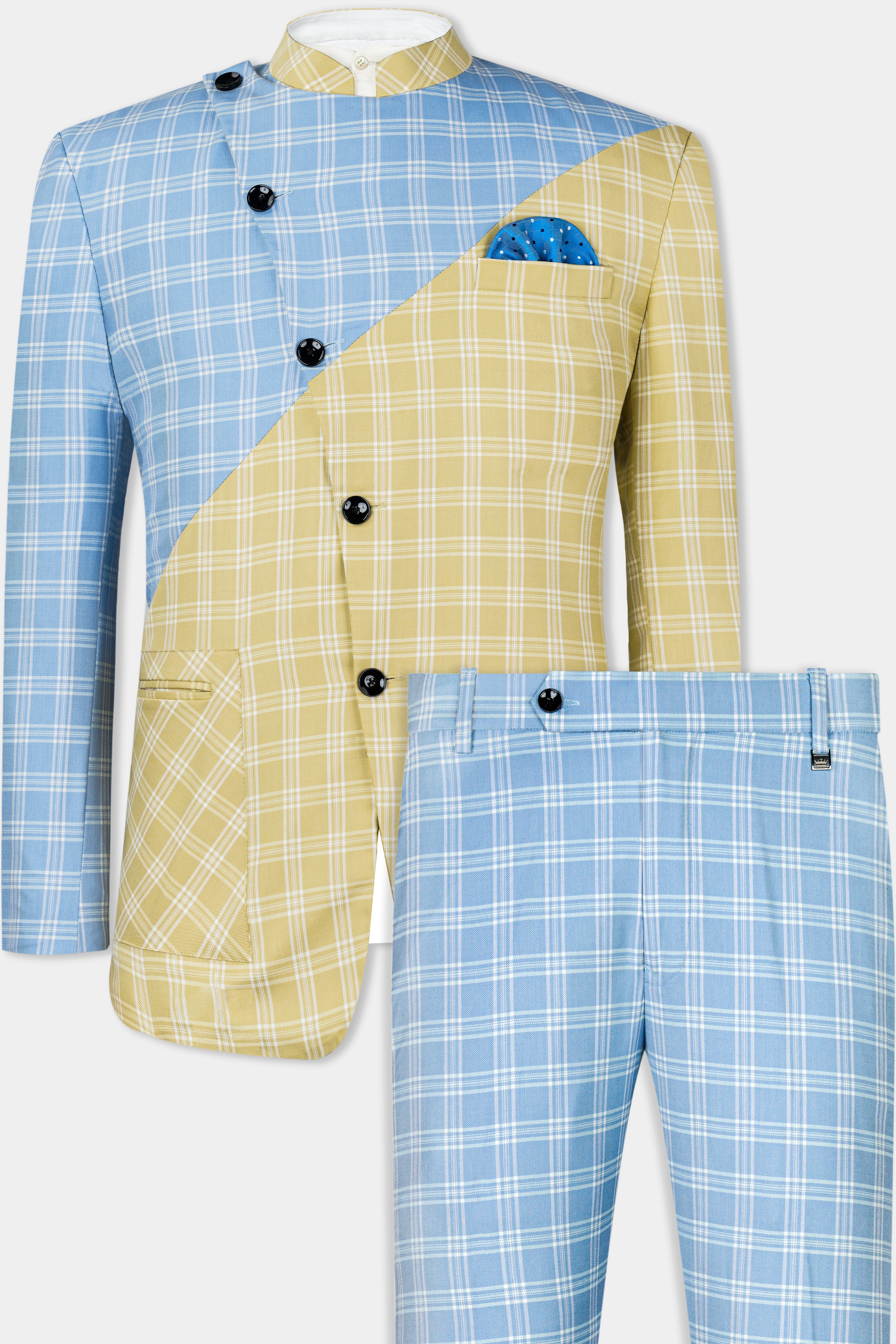 Casper Blue and Brandy Brown Plaid Wool Rich Cross Buttoned Bandhgala Designer Suit ST2959-CBG-D61-36,ST2959-CBG-D61-38,ST2959-CBG-D61-40,ST2959-CBG-D61-42,ST2959-CBG-D61-44,ST2959-CBG-D61-46,ST2959-CBG-D61-48,ST2959-CBG-D61-50,ST2959-CBG-D61-52,ST2959-CBG-D61-54,ST2959-CBG-D61-56,ST2959-CBG-D61-58,ST2959-CBG-D61-60