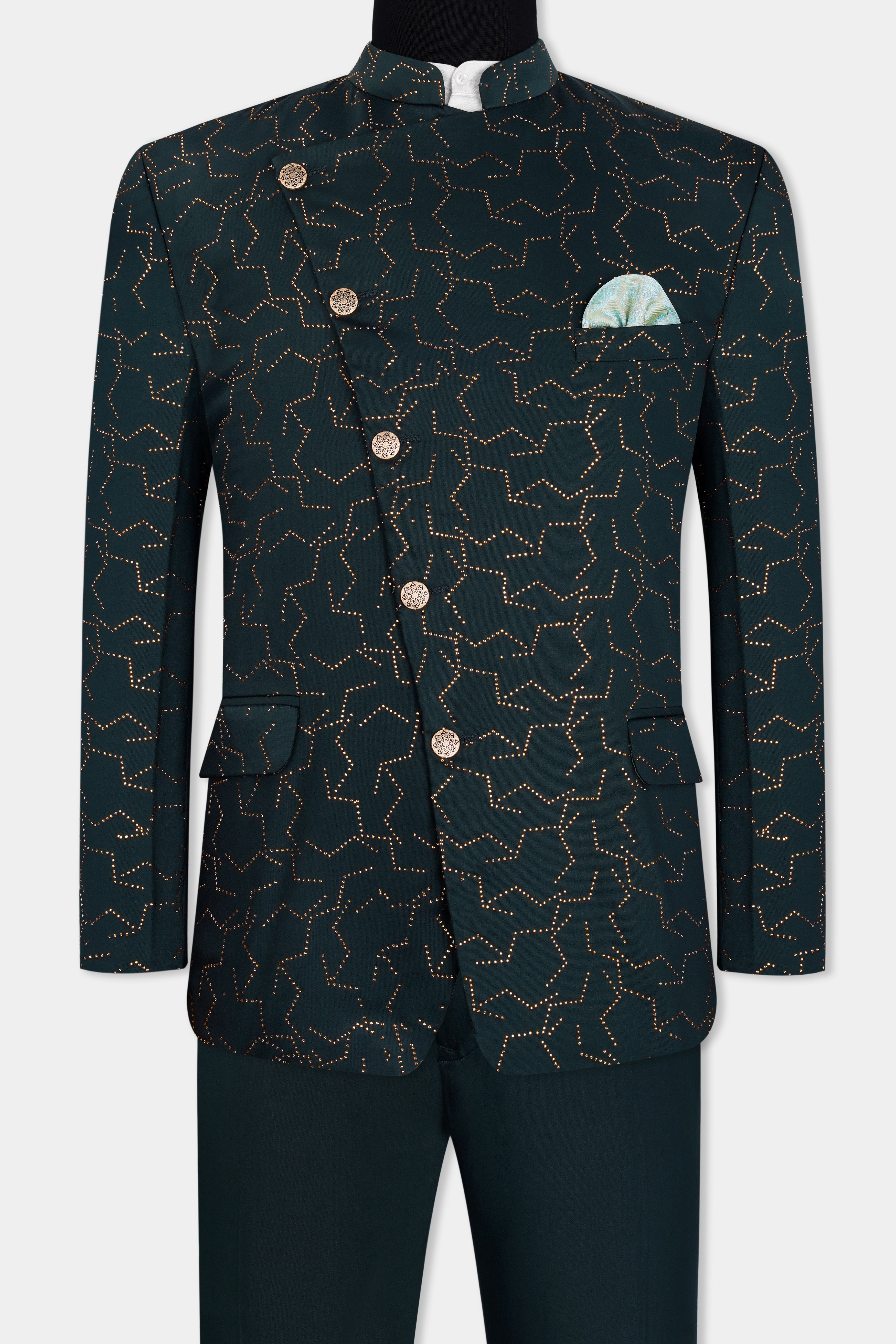 Prussian Green Wool Rich Stonework Cross Buttoned Bandhgala Designer Suit ST2960-CBG-D513-36,ST2960-CBG-D513-38,ST2960-CBG-D513-40,ST2960-CBG-D513-42,ST2960-CBG-D513-44,ST2960-CBG-D513-46,ST2960-CBG-D513-48,ST2960-CBG-D513-50,ST2960-CBG-D513-52,ST2960-CBG-D513-54,ST2960-CBG-D513-56,ST2960-CBG-D513-58,ST2960-CBG-D513-60