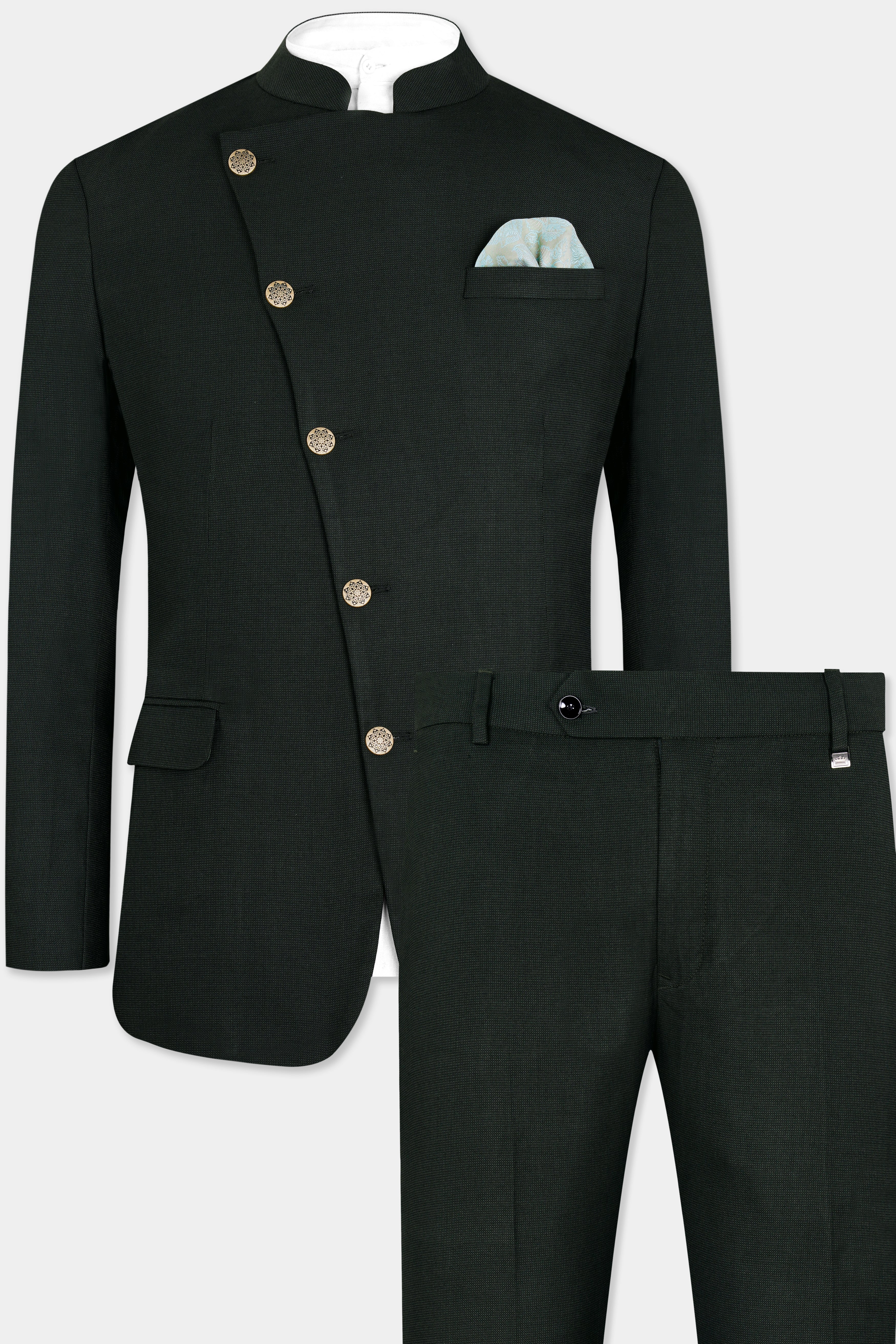 Kaitoke Green Wool Rich Cross Buttoned Bandhgala Suit ST2961-CBG-36,ST2961-CBG-38,ST2961-CBG-40,ST2961-CBG-42,ST2961-CBG-44,ST2961-CBG-46,ST2961-CBG-48,ST2961-CBG-50,ST2961-CBG-52,ST2961-CBG-54,ST2961-CBG-56,ST2961-CBG-58,ST2961-CBG-60