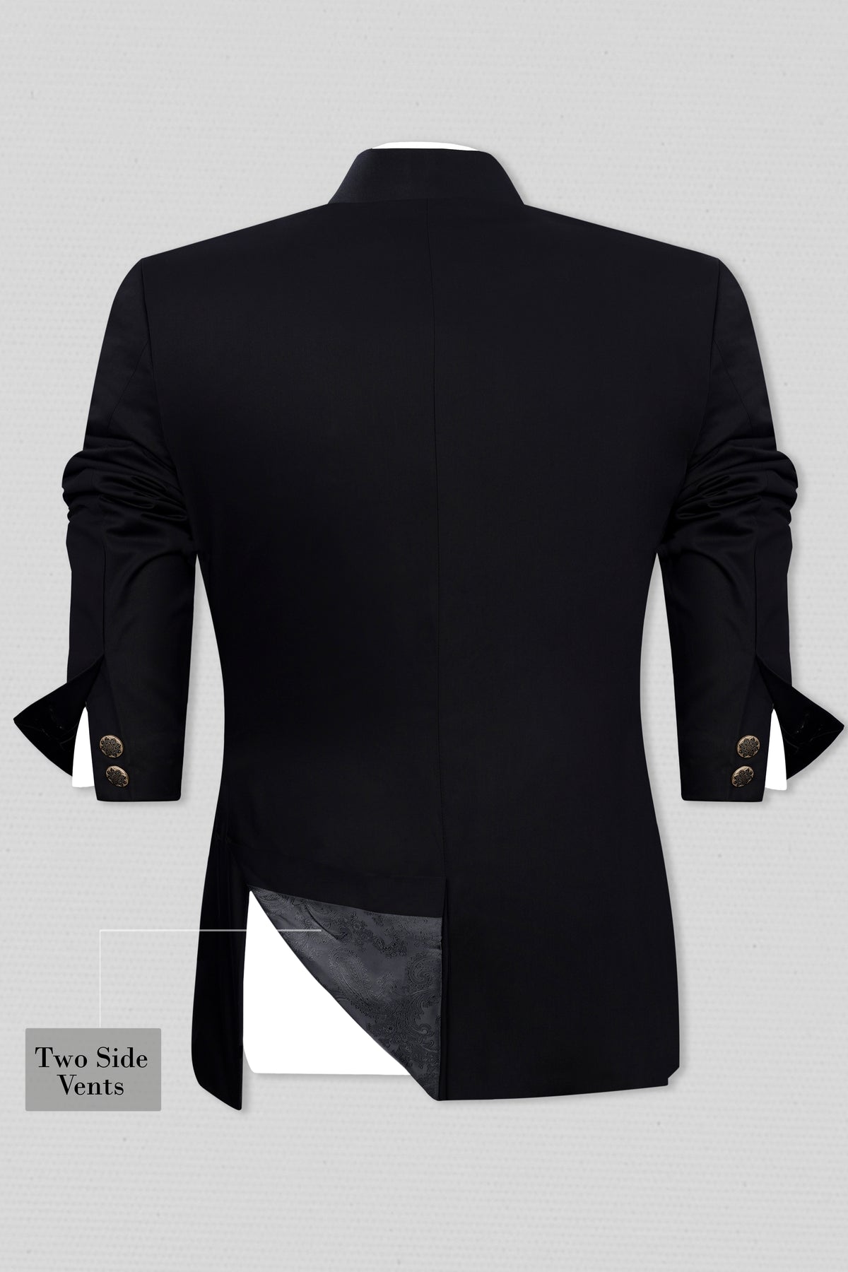 Jade Black Stretchable Wool Rich Bandhgala Designer Suit