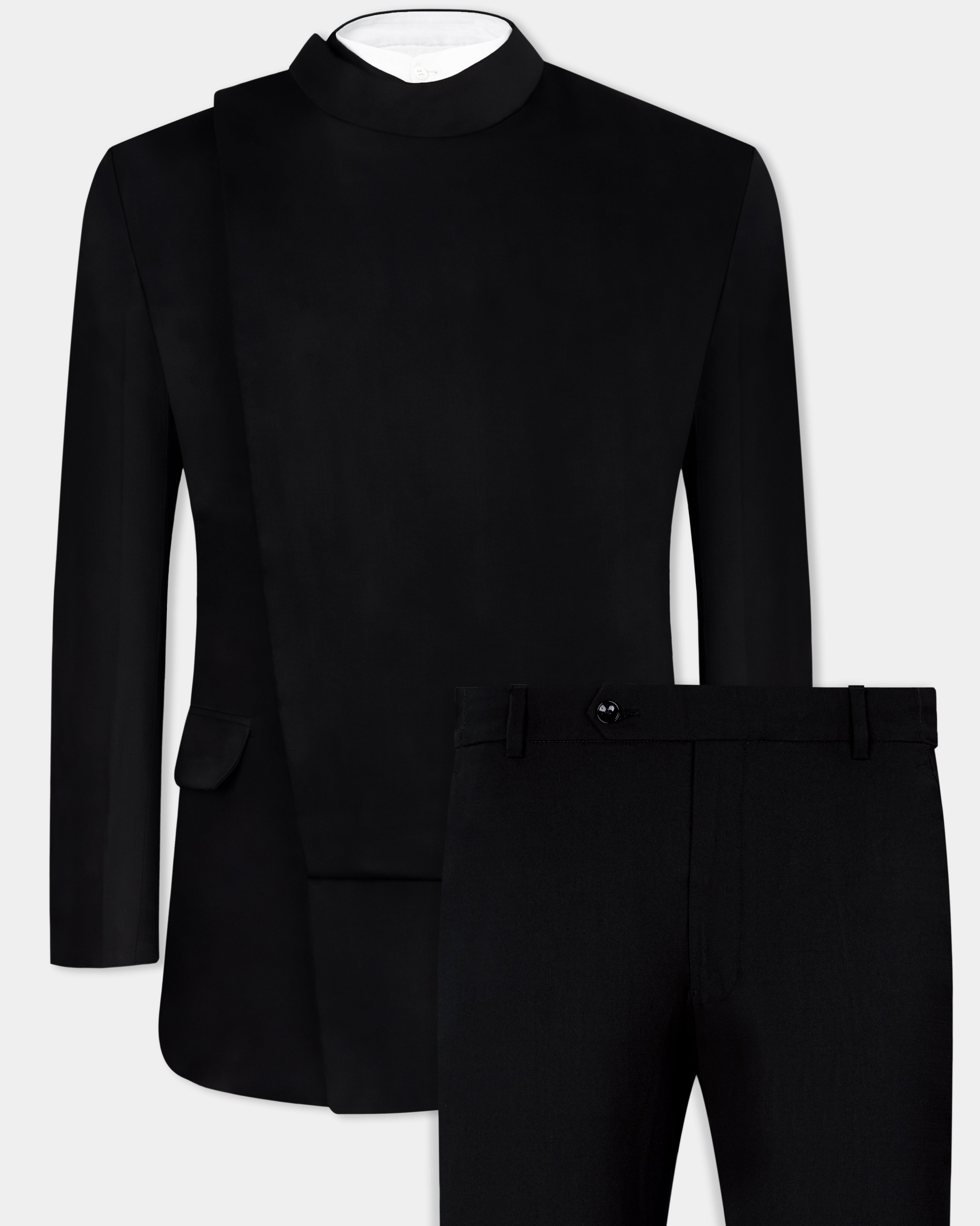 Jade Black Stretchable Wool Rich Bandhgala Designer Suit