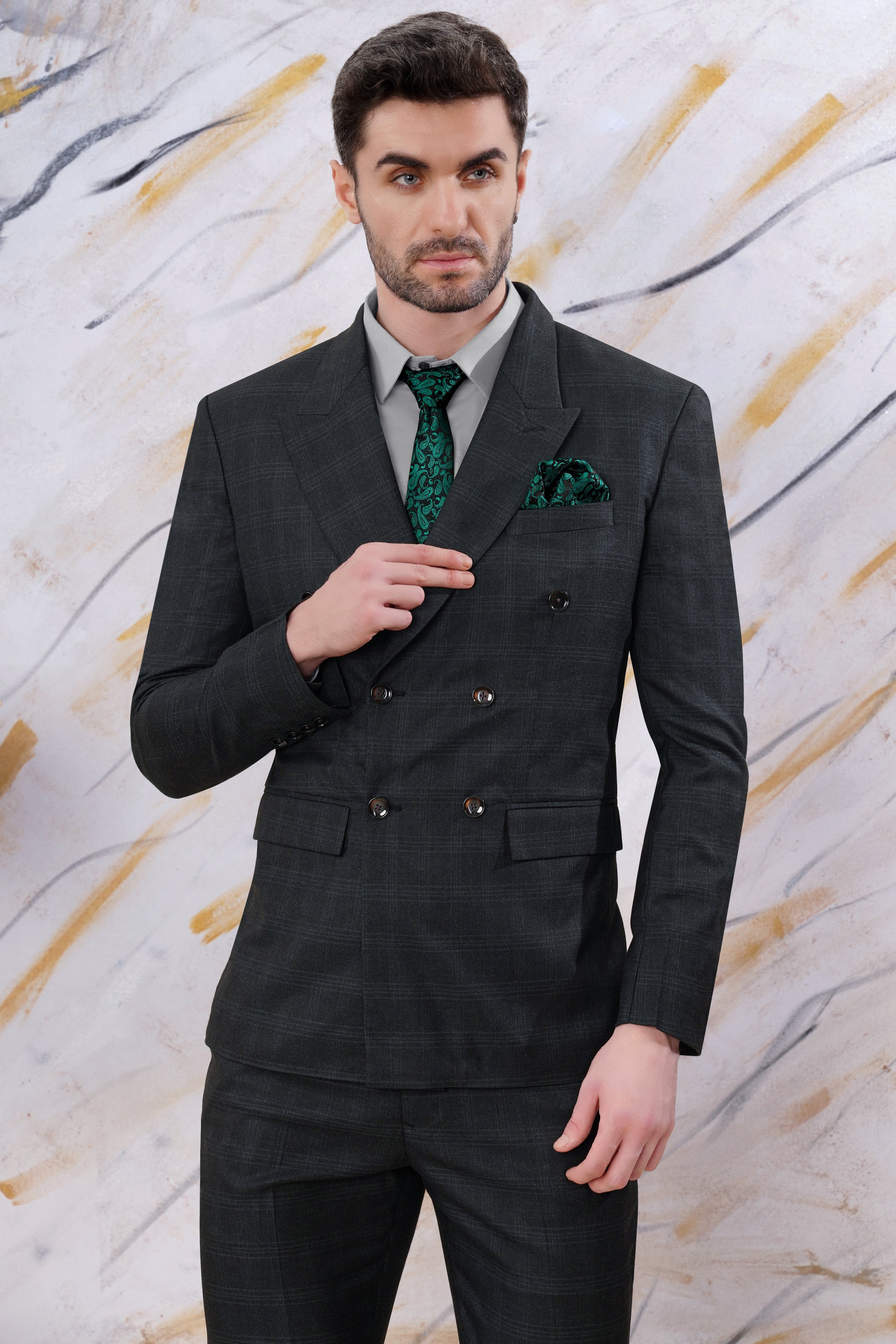 Onyx Black Subtle Checkered Wool Rich Double Breasted Suit ST2999-DB-36, ST2999-DB-38, ST2999-DB-40, ST2999-DB-42, ST2999-DB-44, ST2999-DB-46, ST2999-DB-48, ST2999-DB-50, ST2999-DB-52, ST2999-DB-54, ST2999-DB-56, ST2999-DB-58, ST2999-DB-60